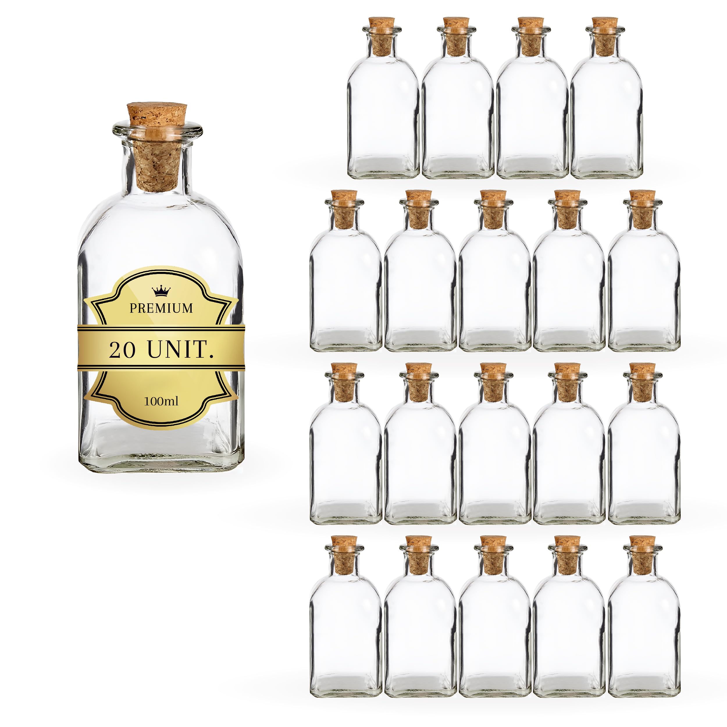 Espirito Rebelde 20 Botellas de Vidrio 100 ml con Tapón de Corcho – Botellas Cuadradas para Licor, Whisky, Ron y Vino