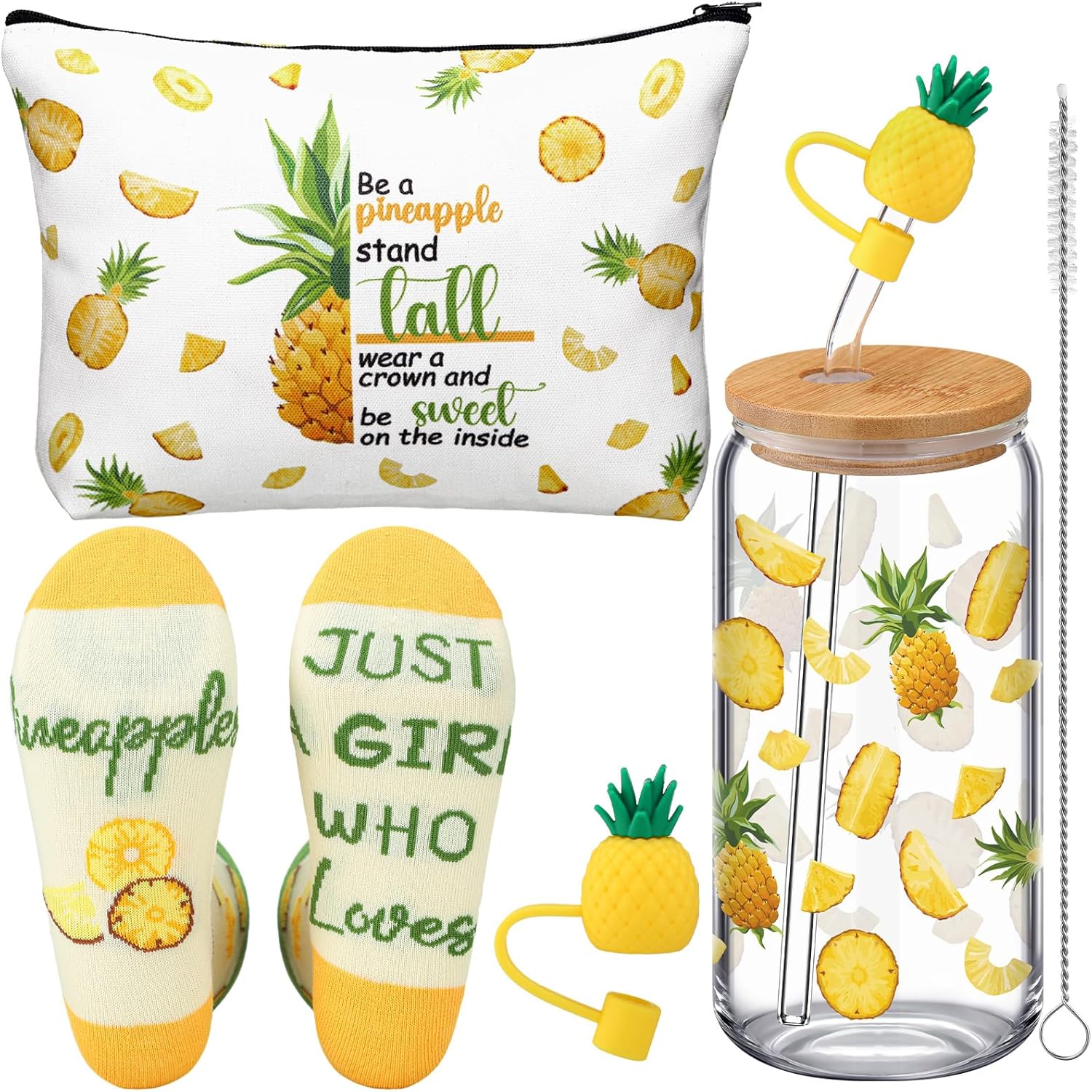 3 Pcs Pineapple Gifts Set for Women Bulk Spring Hawaiian Summer Funny Gifts for Mother Pineapple Socks 16 oz Cute Drinking Glass Tumbler Cups with Lids and Straws Makeup Bags for Aloha Birthday Party