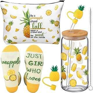 3 Pcs Pineapple Gifts Set for Women Bulk Hawaiian Funny Fruit Gifts for Mother Sister Pineapple Socks 16 oz Cute Drinking Glass Tumbler Cups with Lids and Straws Makeup Bags for Aloha Birthday Party