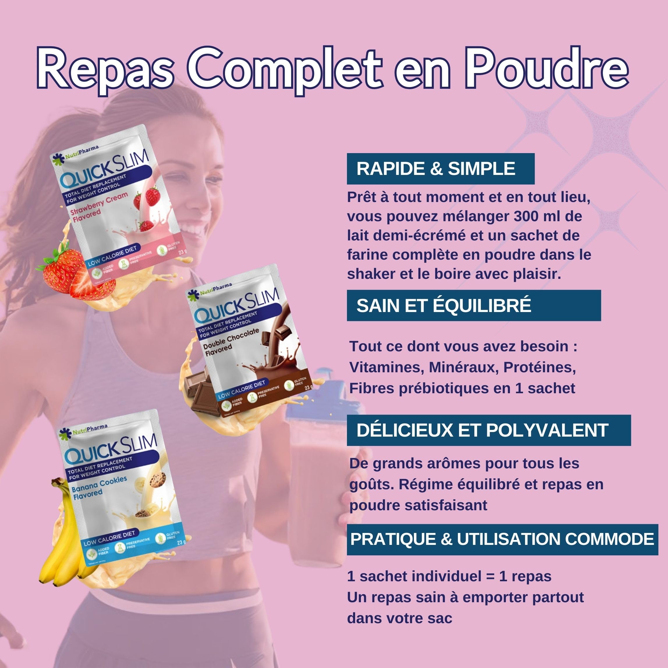 Quick Slim Substitut de Repas Shake pour La Perte de Poids, 30 portions, 20g de Protéines, 27 vitamines et minéraux, Fibres Alimentaires, Faible teneur en glucides, Sans Gluten (Paquet Varié)