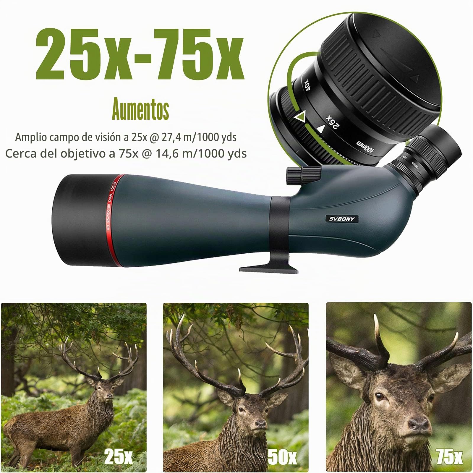 Svbony SV406 Telescopio Terrestre 25-75x100, Prisma Revestimiento Porro FMC Doble Enfoque, Telescopios de Posicionamiento en Ángulo Impermeables HD para Observación de Aves Paisaje de Vida Silvestre