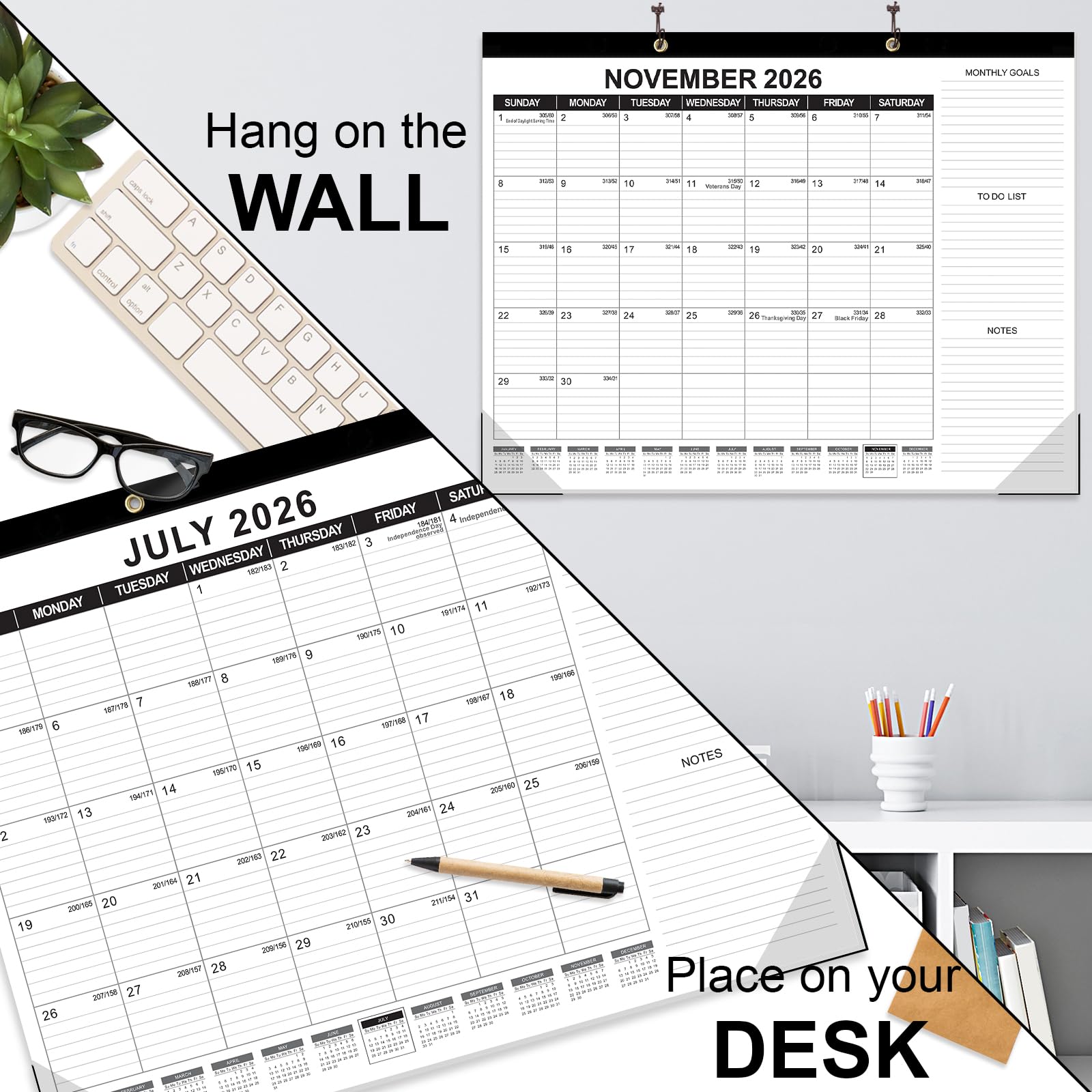 GuassLee Großer Tischkalender 2026, 3 Packungen, 55,9 x 43,2 cm, Desktop-Wandkalender, 18 Monate, Wandplaner von Januar 2026 bis Juni 2027, mit Julianischem Datum, To-do und Notizen, monatliche Ziele