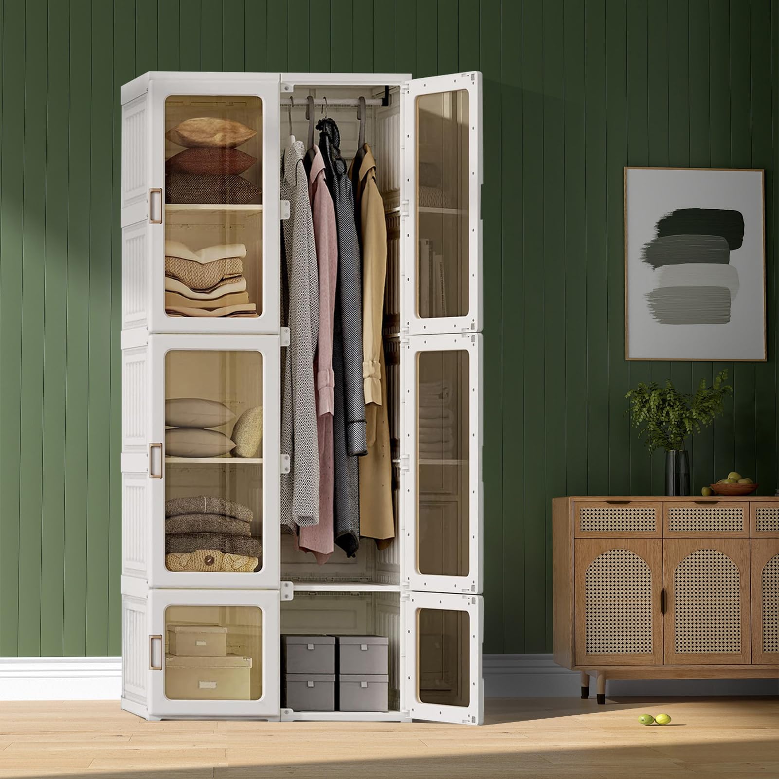 Generisch Kleiderschrank Faltschrank, Tragbarer Schlafzimmerschrank, 170x69x50 cm, Faltbarer Mehrzweckschrank mit magnetischen transparenten Türen, 1 Aufhängestange, für Wohnzimmer Schlafzimmer, weiß