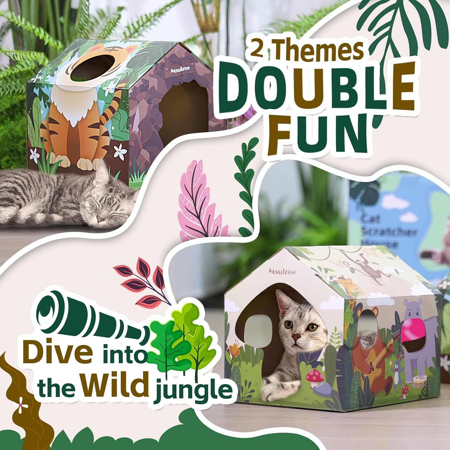 review Cardboard Cat House Set of 2, Indoor Cat Scratch House Combo with Catnip & Ball Track, Cat Scratcher Toy for Cat Birthday, Jungle Theme Park for Cat & Small Animals, Hideout Cat Play House