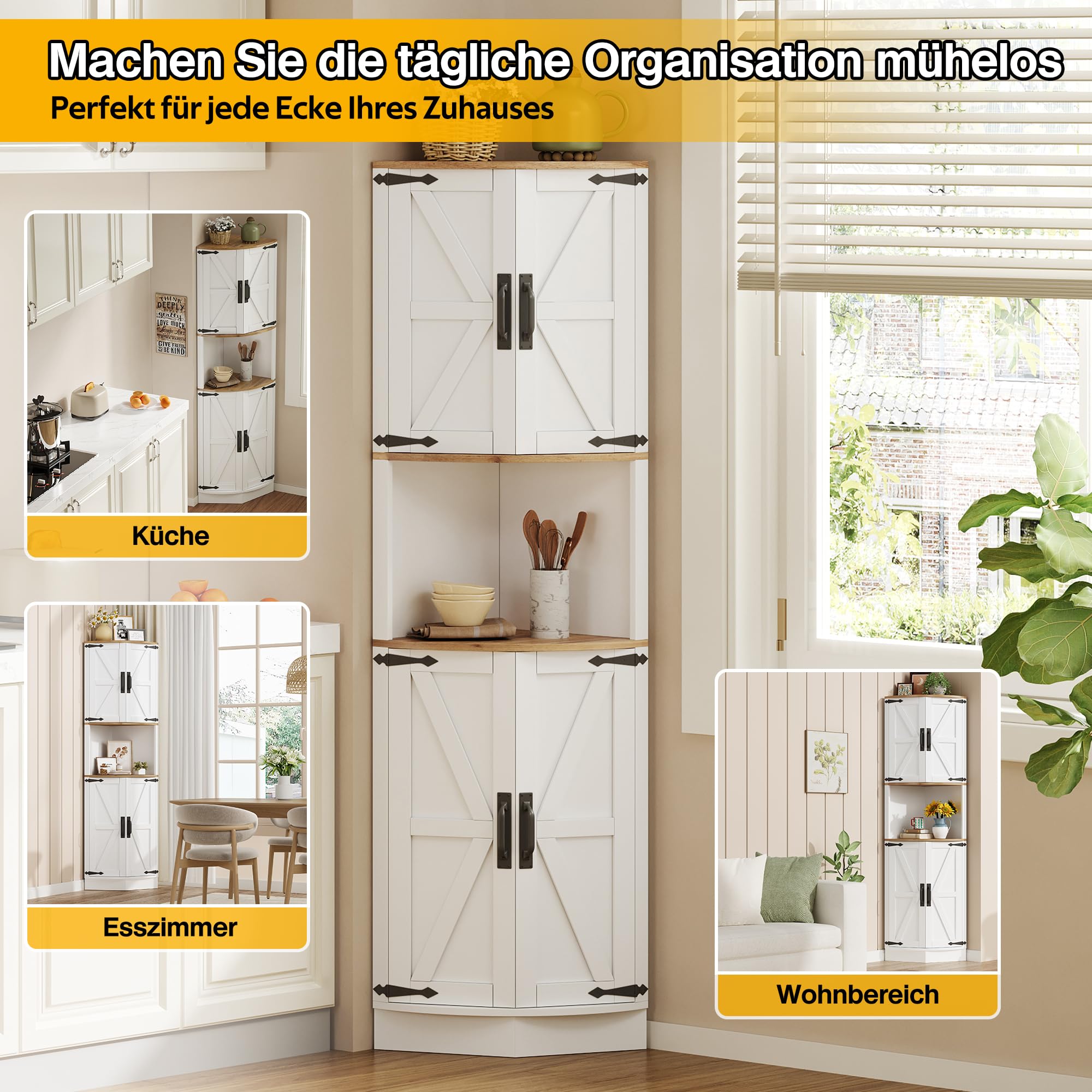 Merax Eckschrank, 180cm Küchenschrank Hoch, Eckregal mit 4 Türen und 5 Ablageflächen, Badezimmerschrank Schmal, Aufbewahrungsschrank Holz, Hochschrank für Küche, Wohnzimmer, Esszimmer, Weiß