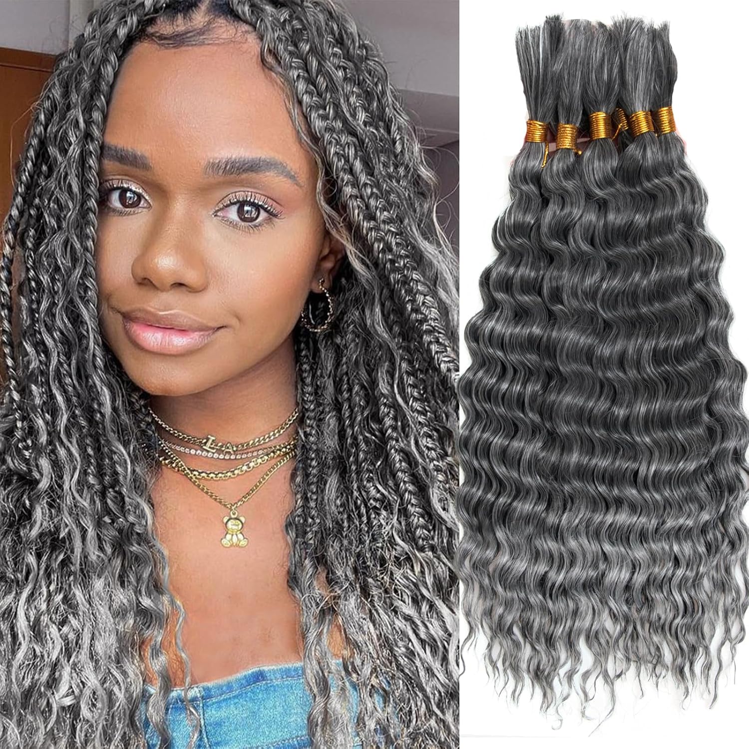 YXCHERISHAIR Boho Hair For Braiding Curly Braiding Hair for Boho Braids Ombre Grey Deep Wave Bulk Hair Wet and Wavy Bohemian Braiding Hair Extensions No Weft(T/Grey, 14inch) T/Grey 14 Inch(Pack of 8)