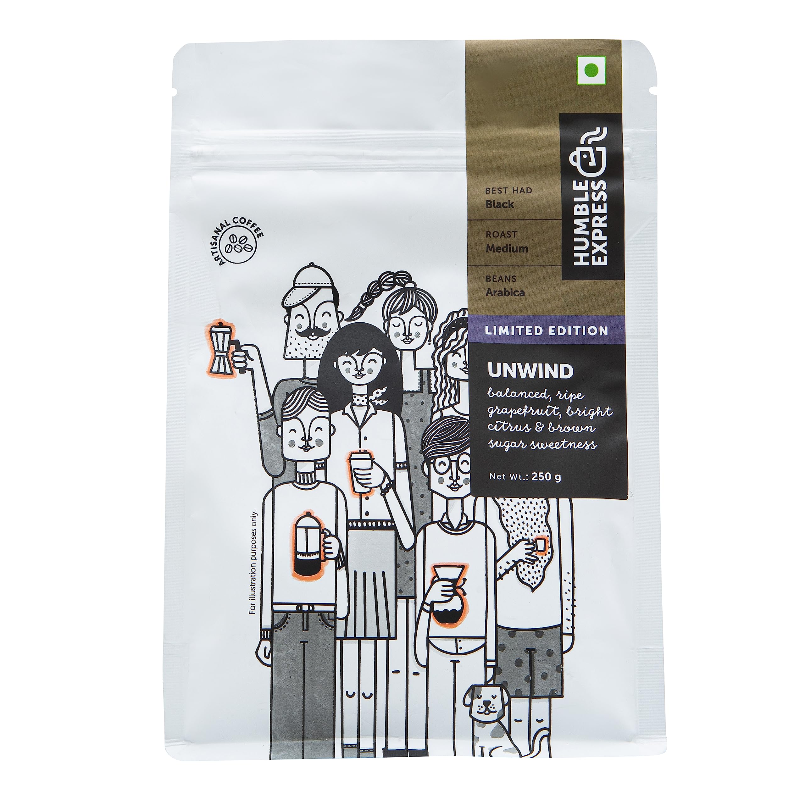 Humble Express Unwind 250g | Ground Coffee Brew | Black Coffee | Medium Roast | 100% Arabica | Ripe Grapefruit, Bright Citrus, Brown Sugar Sweetness