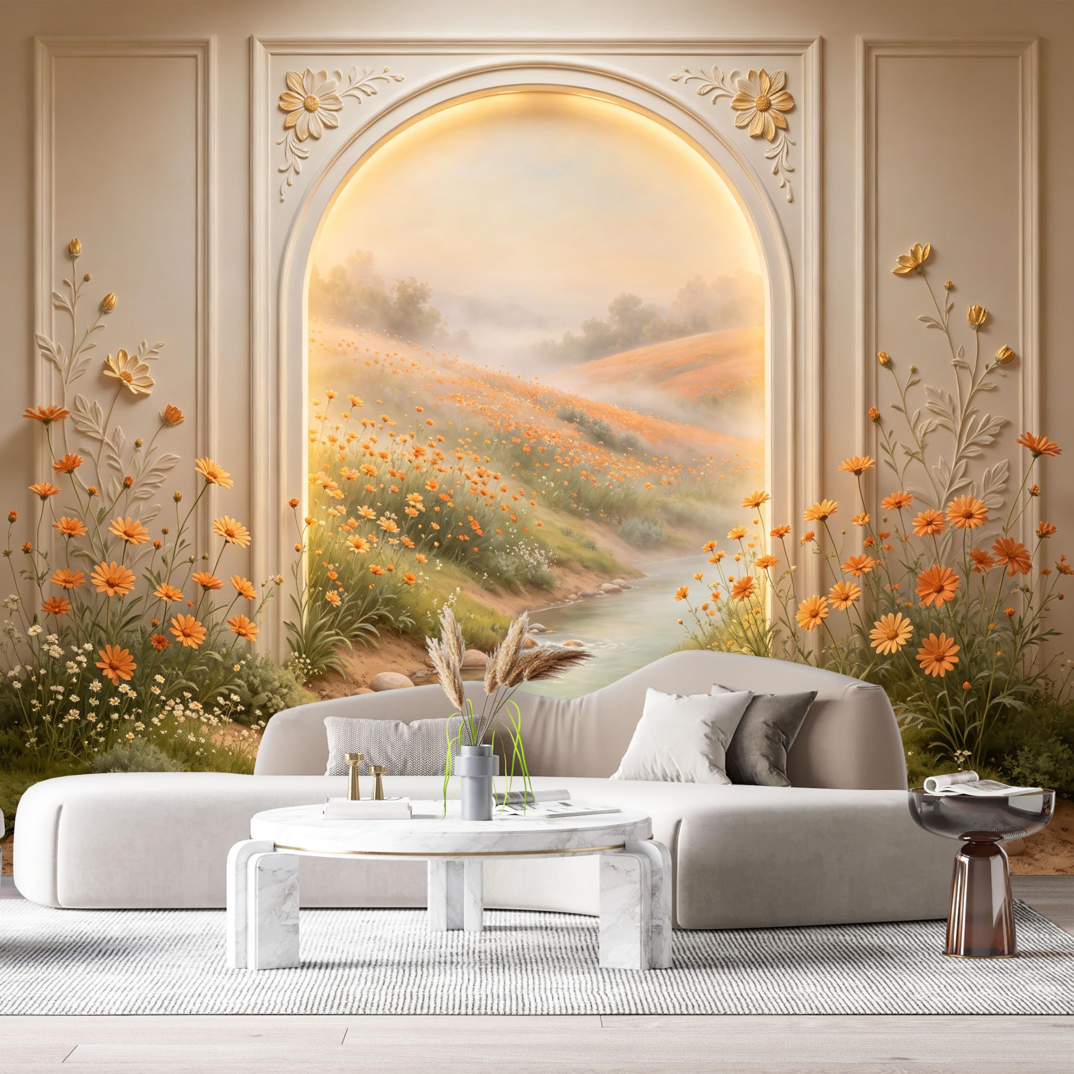 Custom Size Wall Murals Archway Meadow Creek Landscape 3D Trompe L'Oeil SelfAdhesiveWall Fabric Removable Wallpaper Wall Decor for Living Room Bedroom Bathroom