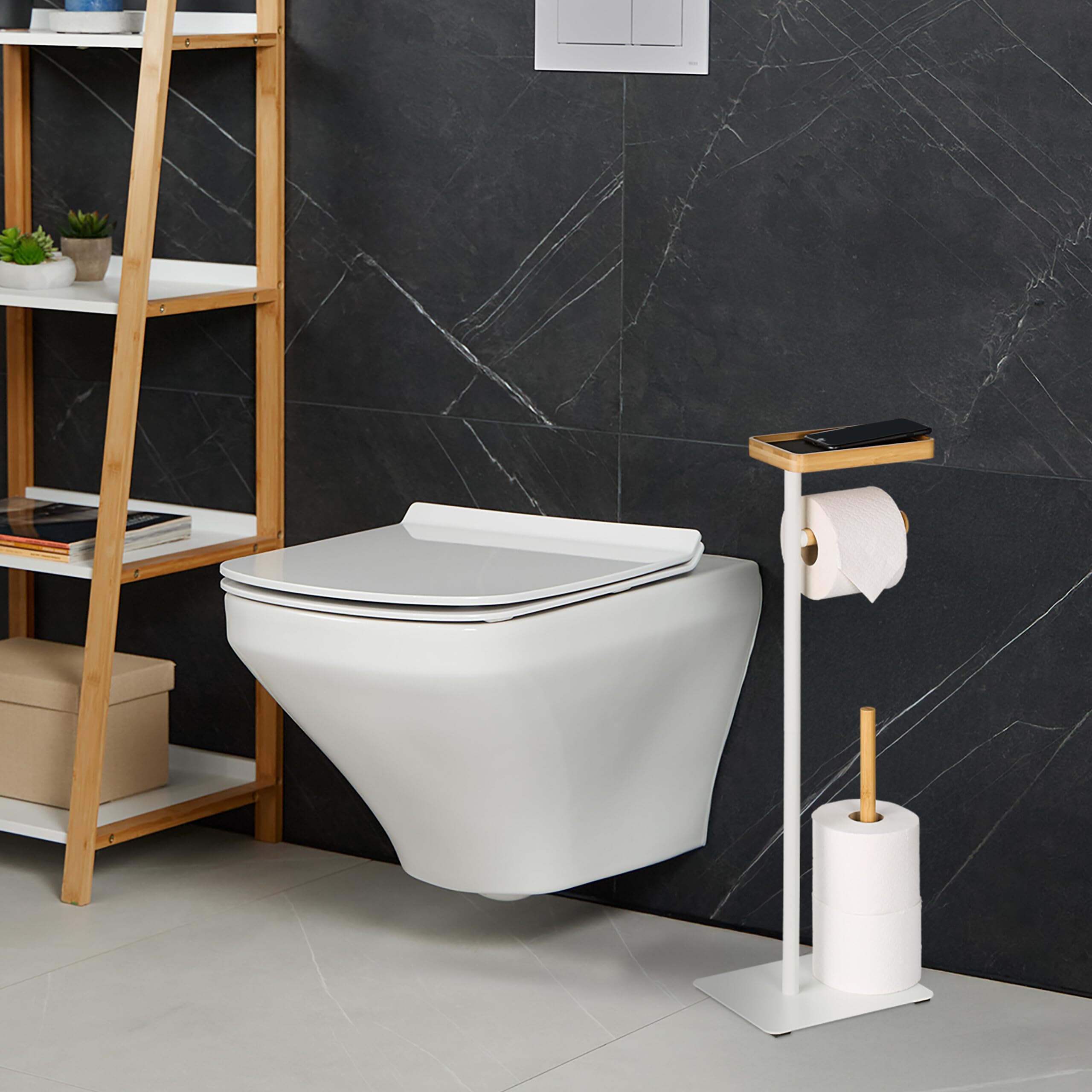 Relaxdays Support pour Votre Papier Toilette, Non Fixe, Fer et Bambou, Place pour Le téléphone, Blanc et Nature