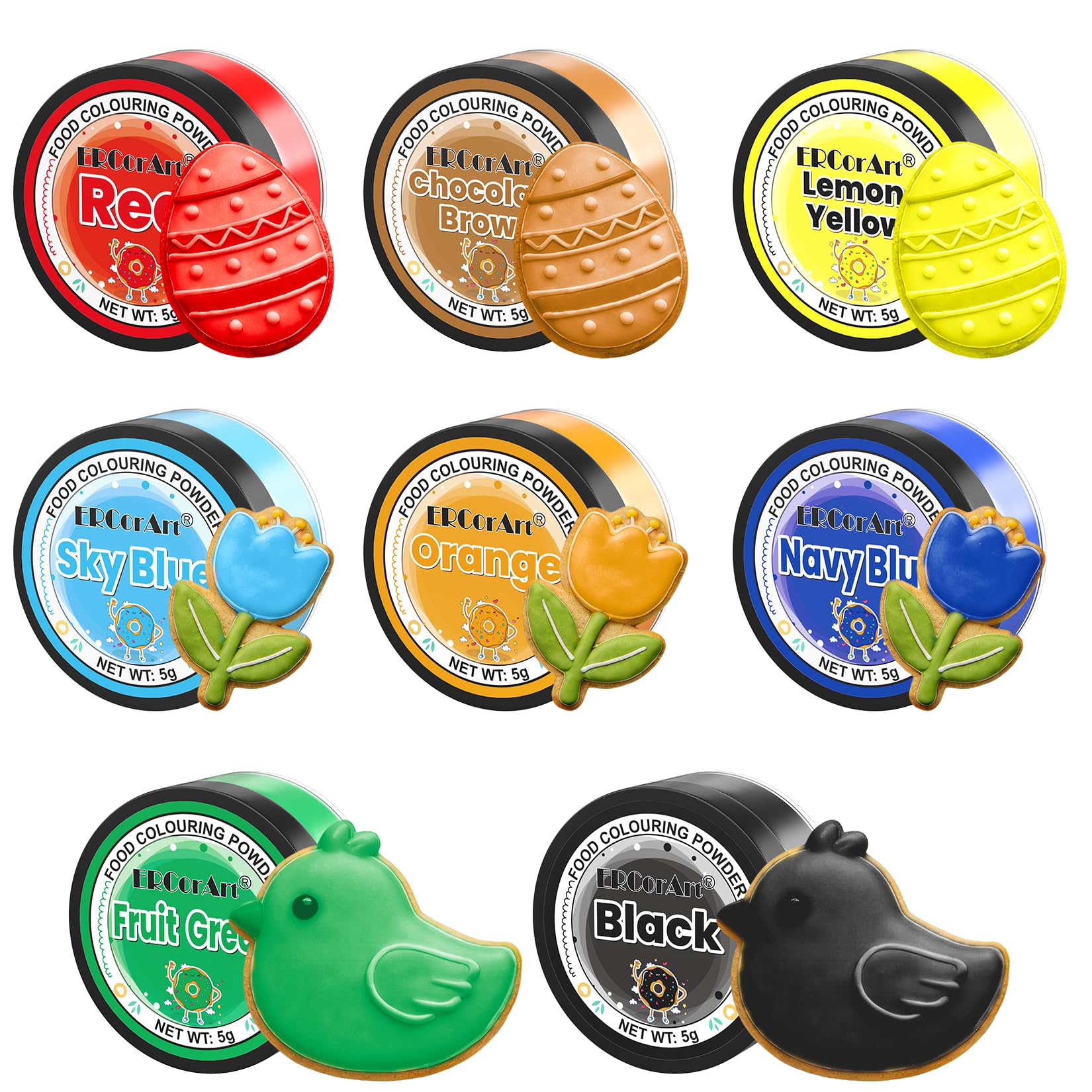 Food Colouring Powder - ERCorArt 8 Colours Upgrade Food Colouring Dust, High Bright Food Dye, Edible Paint for Cake Decorating, Icing, Baking, Desserts - 5 g (Each)