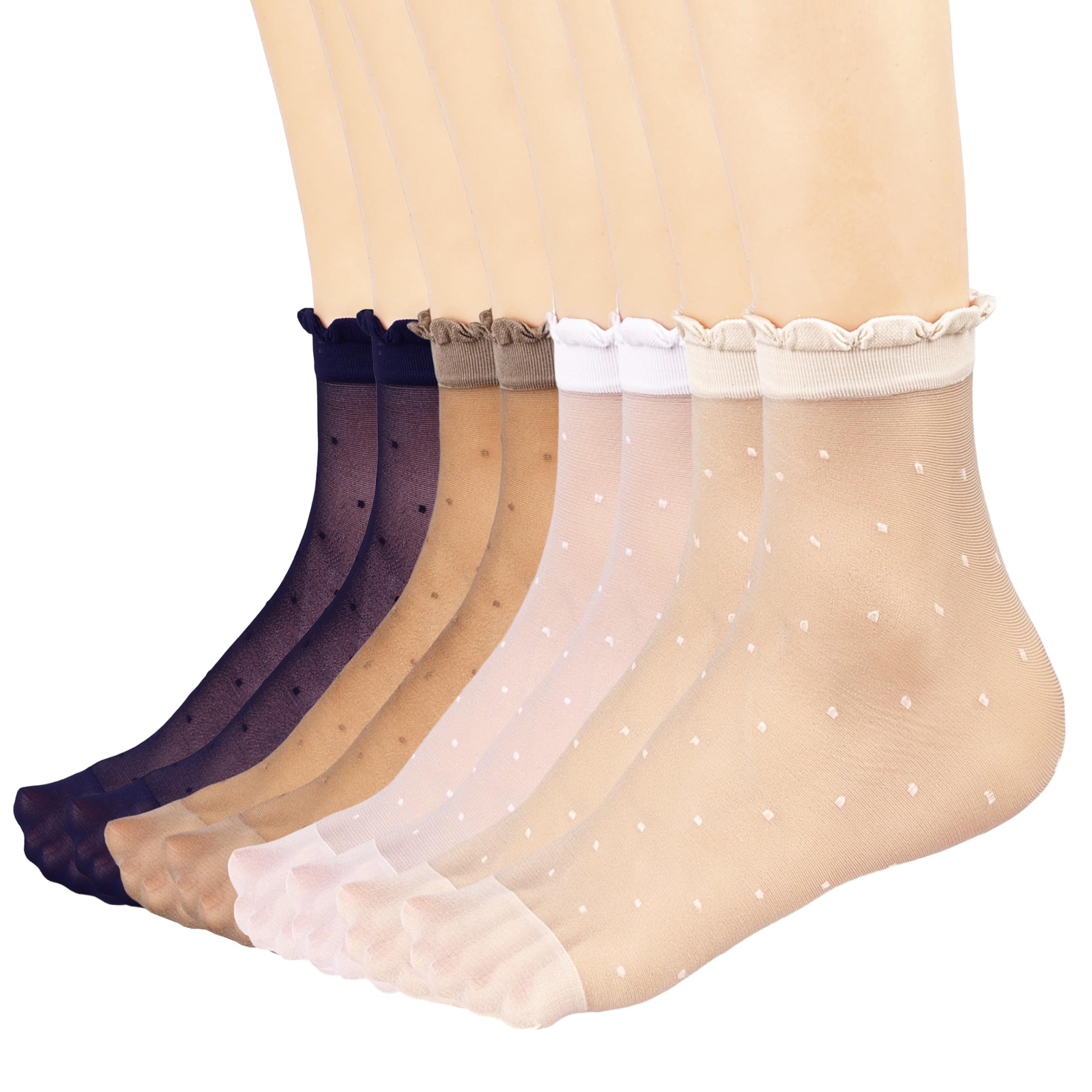 Mcool Mary 12 Pairs Women's Sheer Ruffle Socks Nude Stocking Summer Ultra Thin Cool See Through Silk Ankle Socks for Women, Blue*3+nude*3+coffee*3+white*3, 5-9