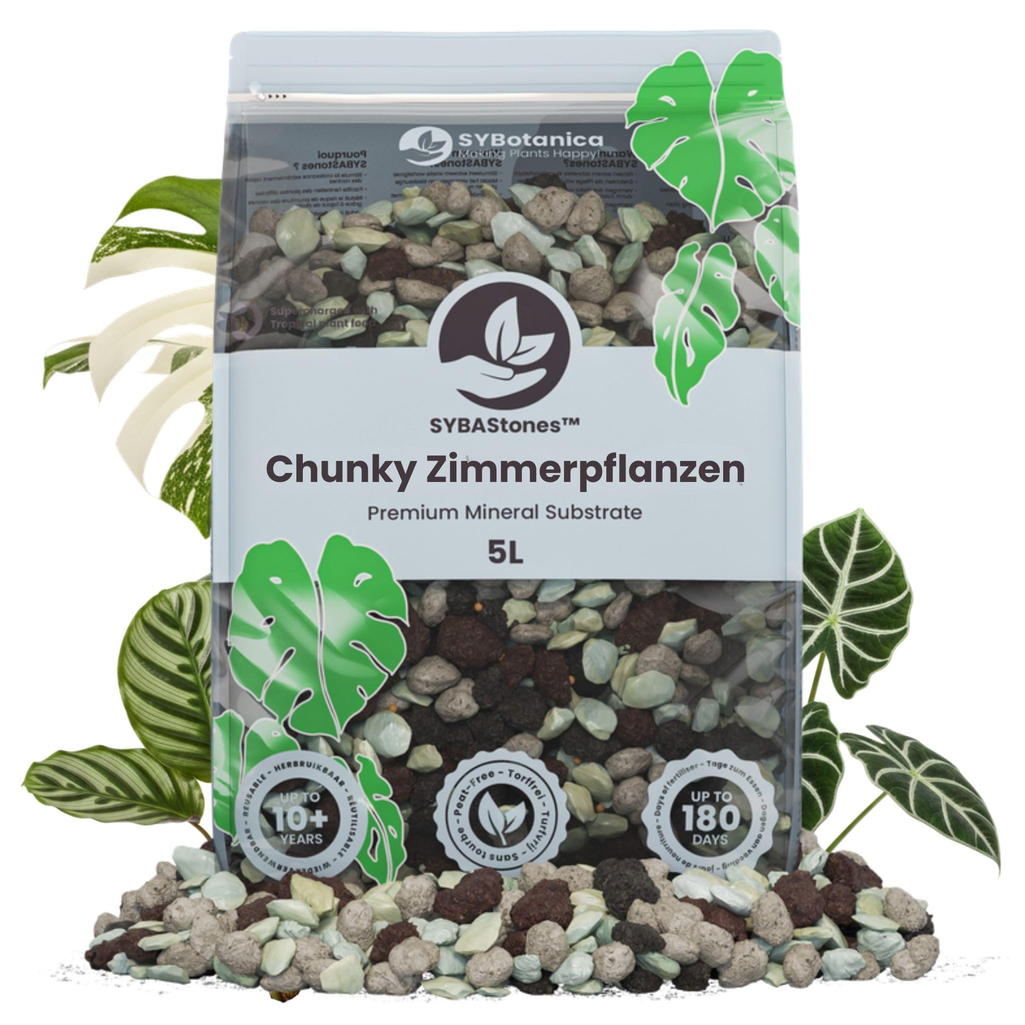 Sybotanica - Chunky Zimmerpflanzen Mineral-Mix - 5L - SYBAStones Mineralisches Substrat - 100% frei von Trauermücken - Hält jahrelang - ~180 Tage Pflanzennahrung - Für Zimmerpflanzen-Fans
