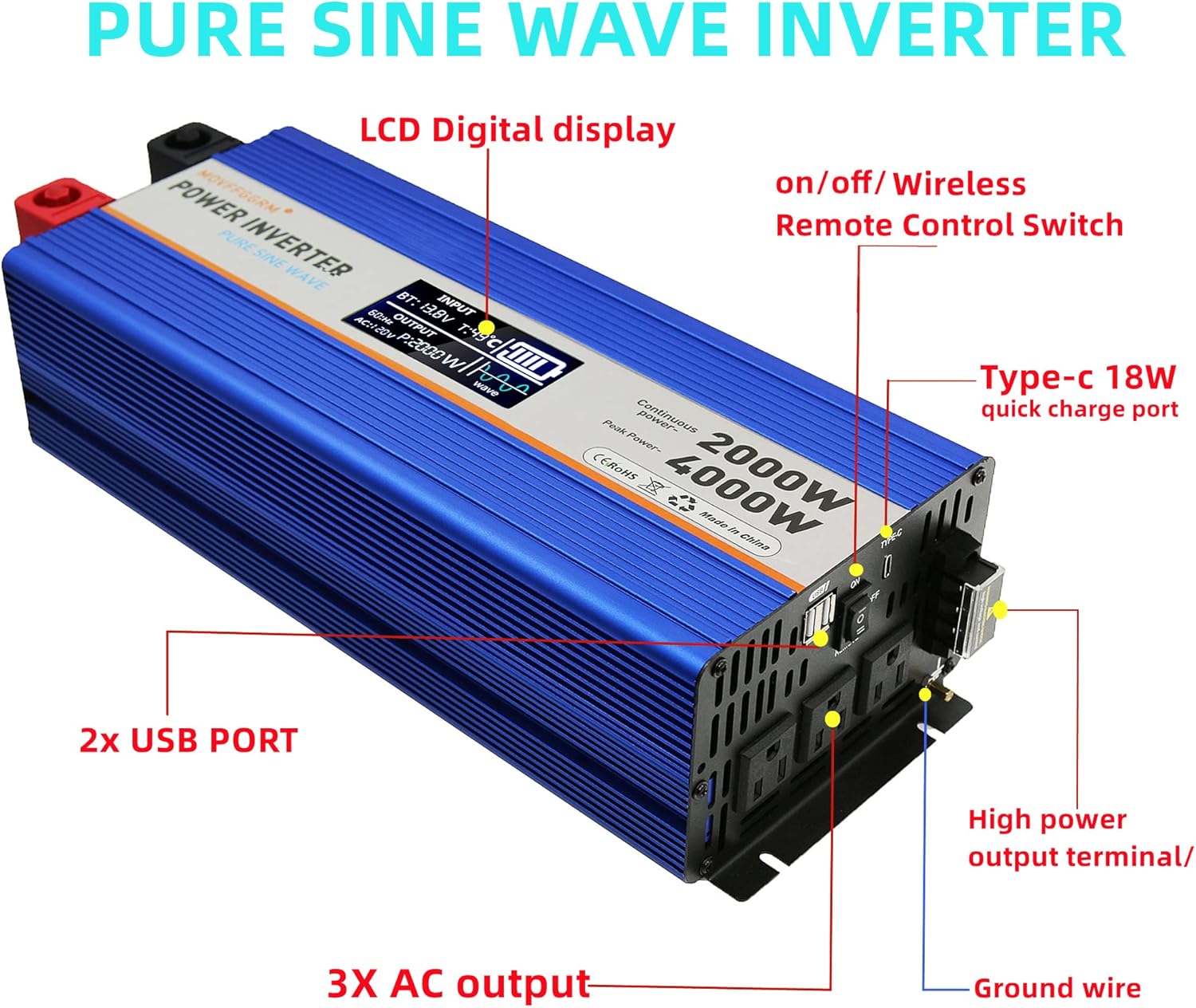 2000 watt Power Inverter with Multiple Outlets