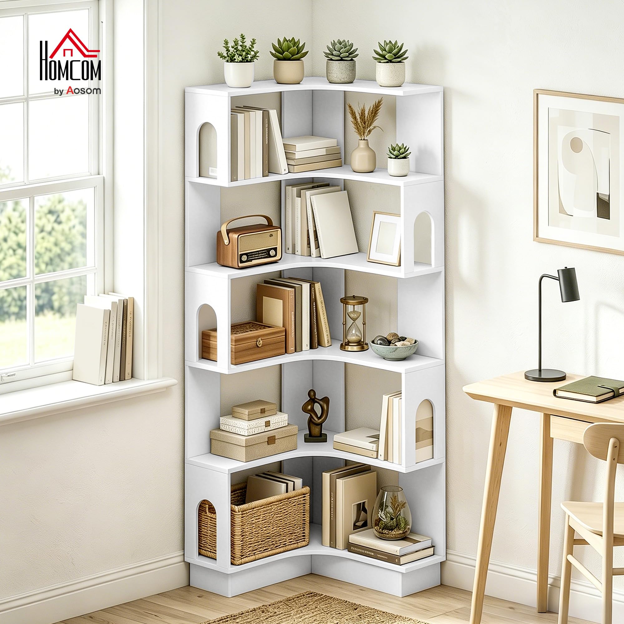 HOMCOM Bibliothèque d'angle, étagère de Rangement à 6 Niveaux avec Panneaux latéraux arqués, Style Moderne, Meuble de Rangement pour Bureau, Salon, Chambre, 60 x 60 x 165,5 cm, Blanc