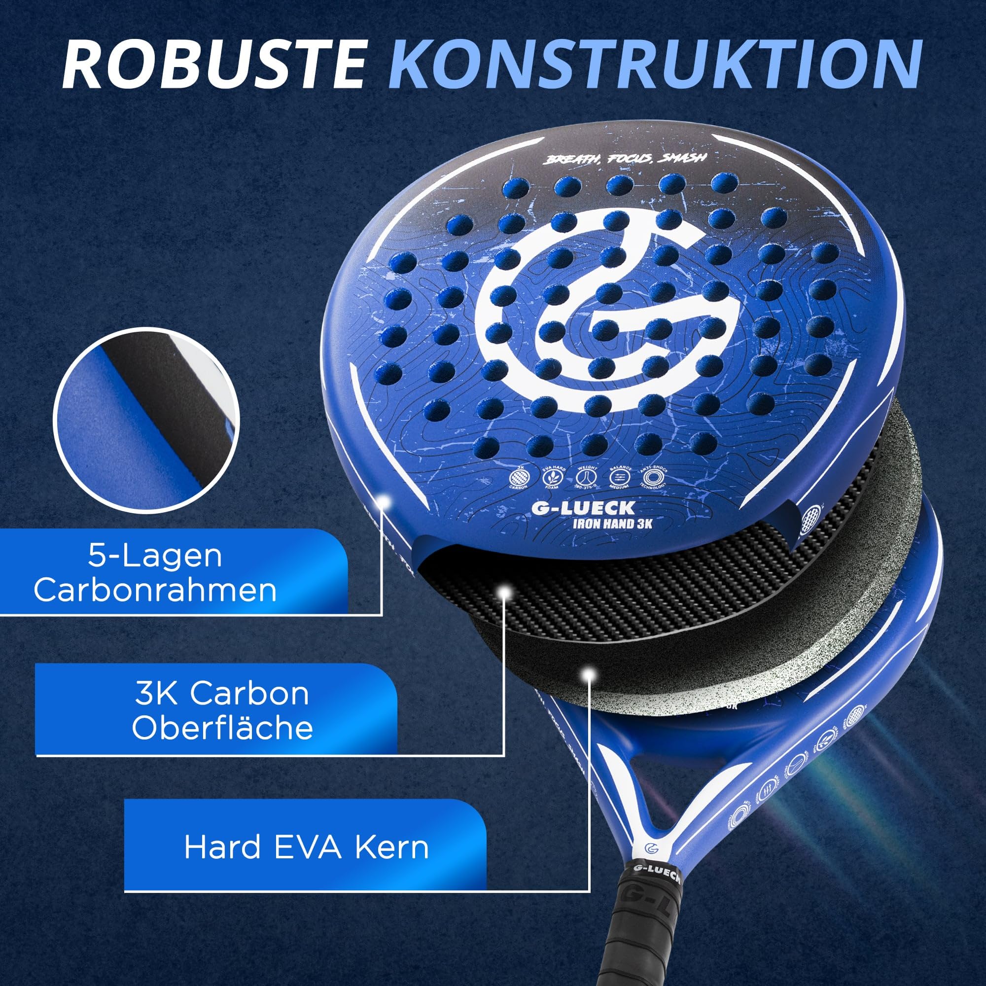 Raquette de Padel Iron Hand 3K Carbone – Forme Ronde, Contrôle et Puissance – Cadre en Carbone Renforcé – pour Débutants et Joueurs Confirmés – Bleue, Housse Incluse