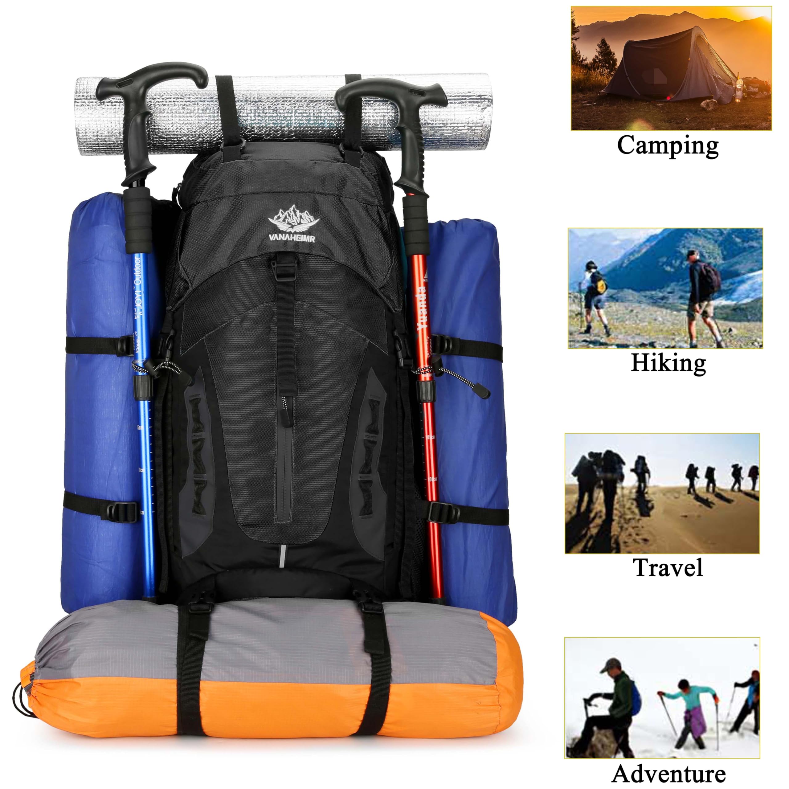 YFREAL - Mochila de viaje de senderismo y campamento de 60 litros con cubierta para lluvia, resistente al agua, mochila de escalada para hombres y mujeres, Negro, Large, Exteriores