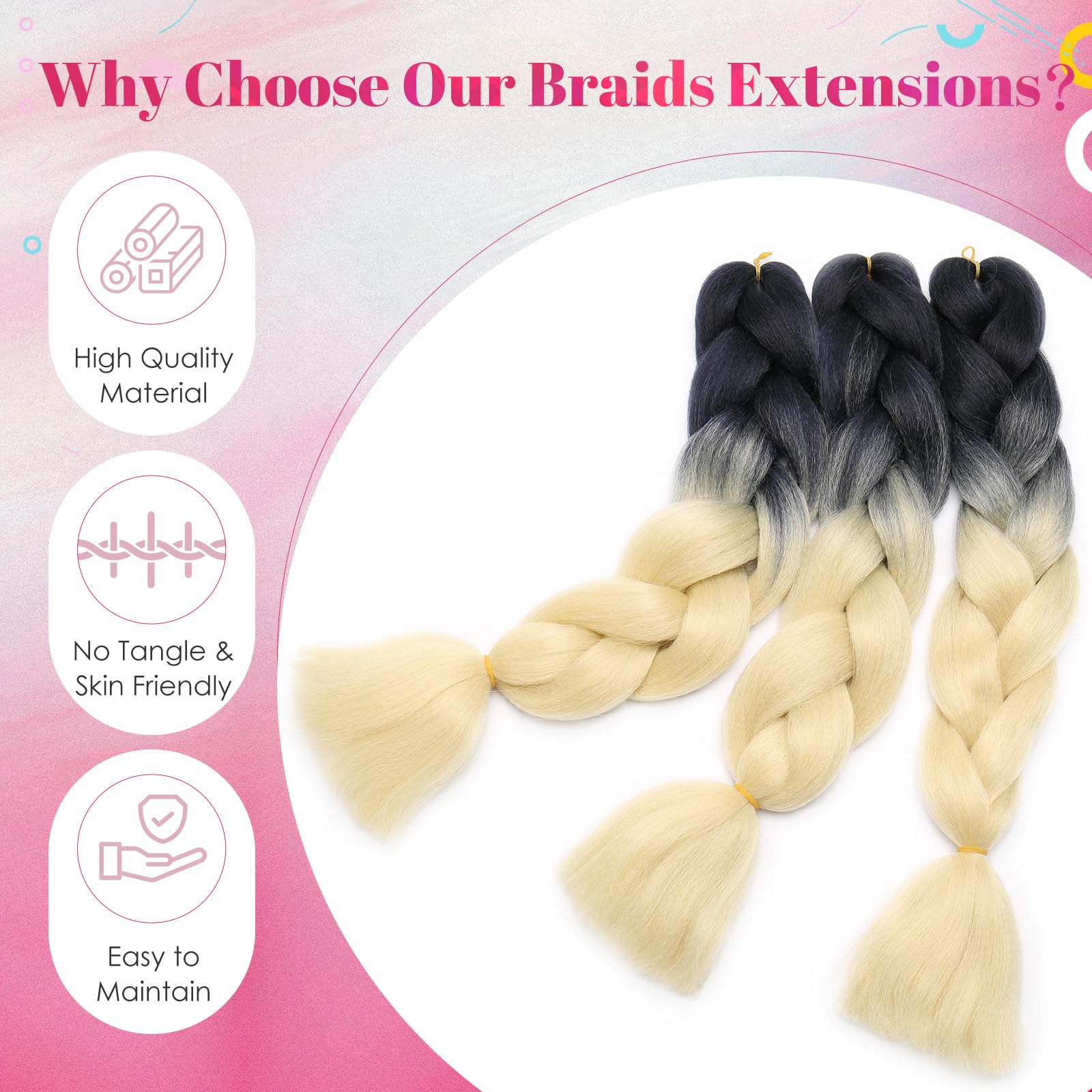 Benehair Braid Extensions 24 Inches Ombre Jumbo Braiding Hair Colorful Synthetic Hair Extensions for Braiding Hair Extensions for Women(Black/Light Blonde - Image 4