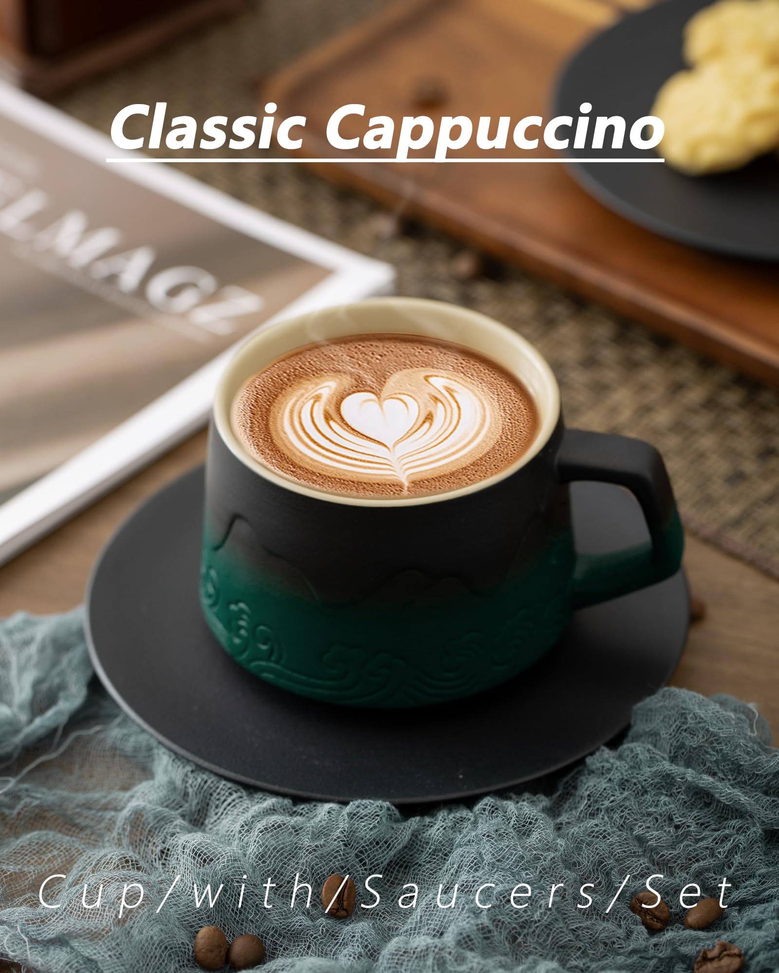 BOILMERIT 8 oz Cappuccino Cups Set of 4 with Saucers, Embossment Ceramic Latte Art Cappuccino Mugs for Cafe Au Lait, Hand-sprayed Gradient Green Coffee Cups for Tea, Coffee Lover Gifts