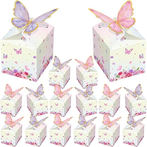 Qilery 24 cajas de regalo de fiesta de mariposas, cajas de regalo rosas y moradas, cajas florales de mariposas, cajas de dulces de papel