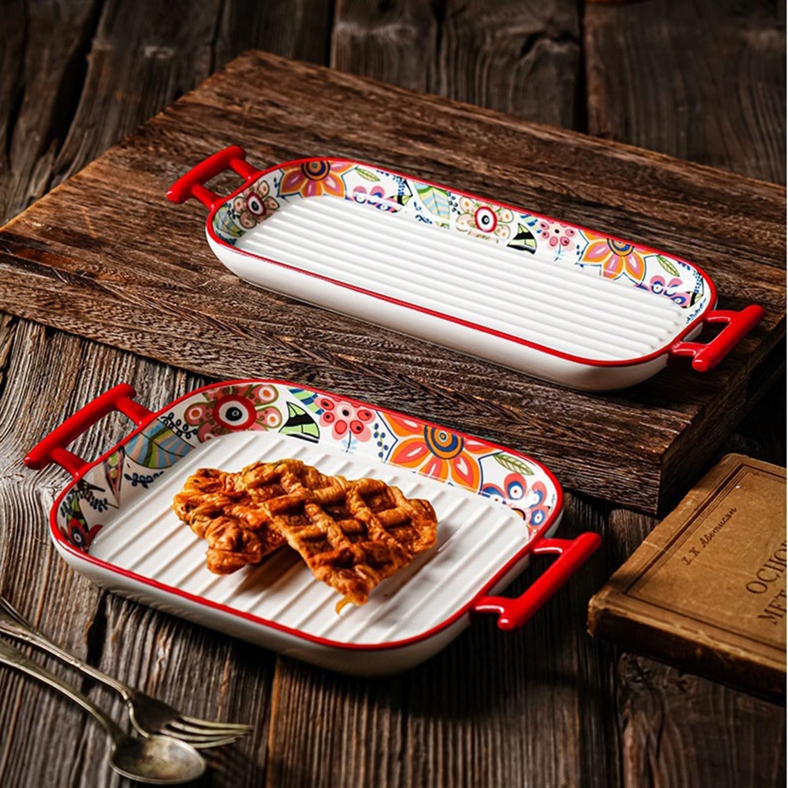 Naczynia do pieczenia Naczynie do pieczenia Ceramiczna miska Prostokątne podwójne ucho Domowa kuchenka mikrofalowa Piekarnik Parowiec Podwójne Pieczony ryż zapiekania Tace piekarnika(32.2cm)