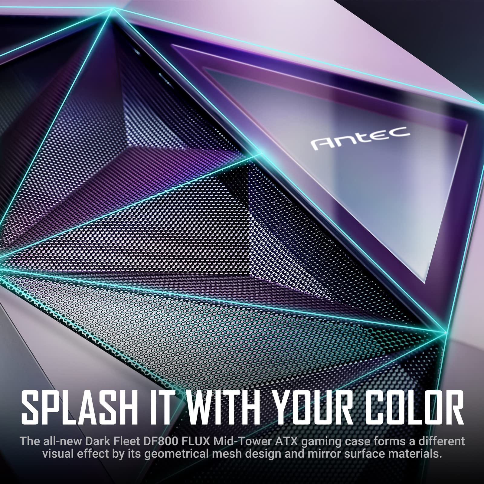 ANTEC DF800 Flux Gaming Case con Finestra in Vetro, ATX, 5 x ventole (3 Anteriori ARGB), Rete Geometrica e Specchio Frontale, Pulsante di Controllo LED, Bianco