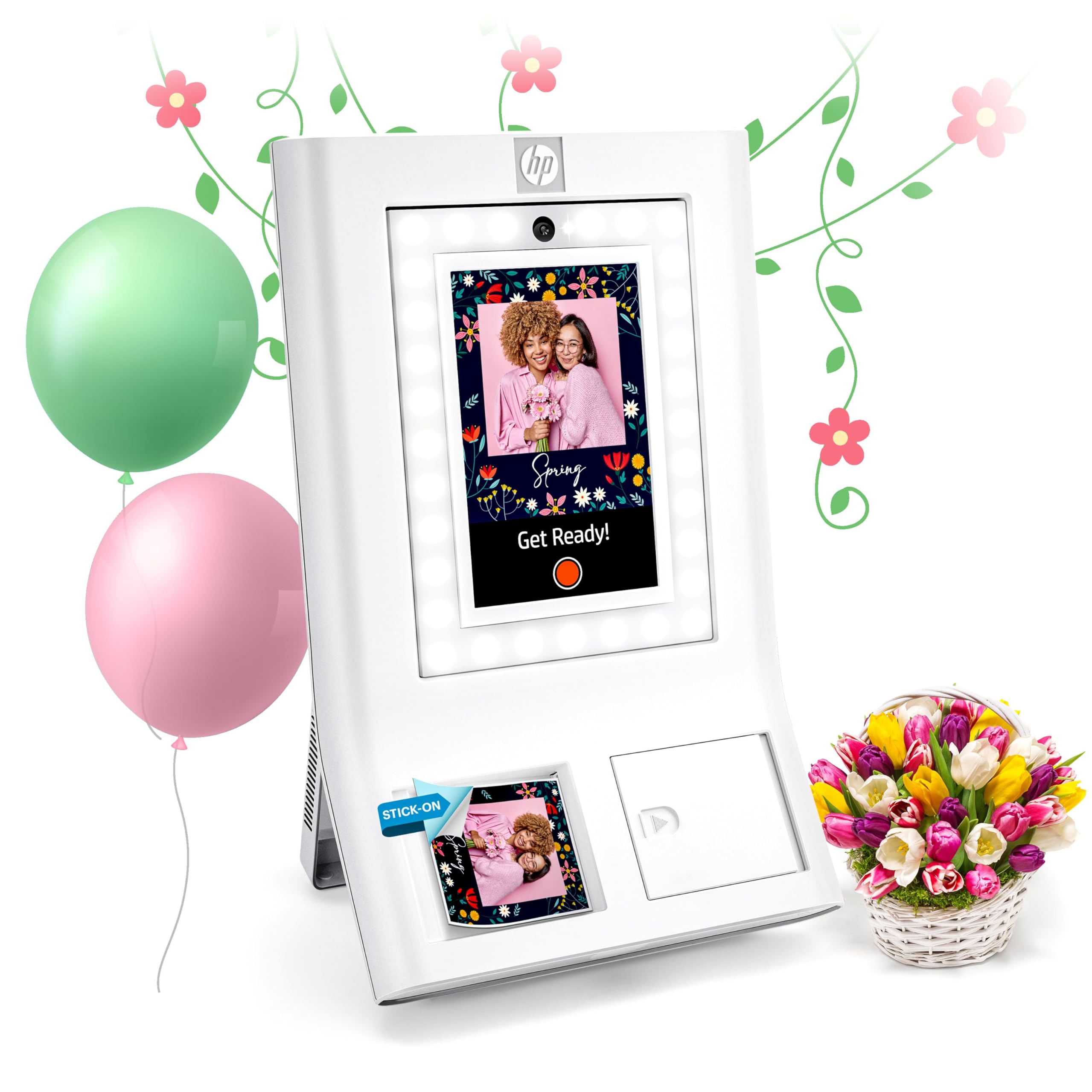 HP Sprocket Photo Booth Machine Instant Color Photo Printer - 10.1" Touchscreen Photobooth, LED Ring Light - Customize w/ 250+ Frames, Prints on 3x4 Zink Paper or Share via QR Code, Mobile App - White