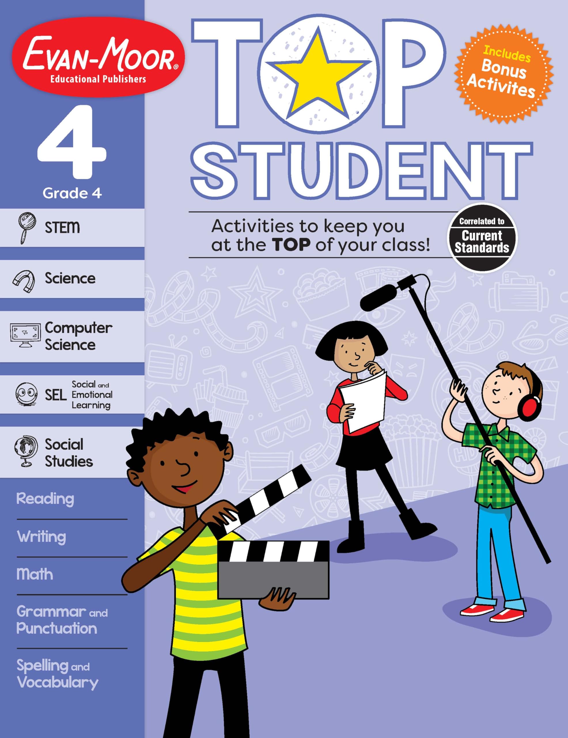 Evan-Moor Top Student Grade 4 Full-color Workbook, Stickers, STEM, Reading, Writing, Science, SEL, Social Studies, Mindfulness with Audio Support