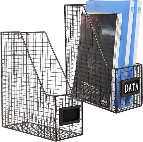 MyGift Revistero de alambre de metal en acabado marrón rústico, contenedor de almacenamiento para documentos de escritorio y carpetas de archivos