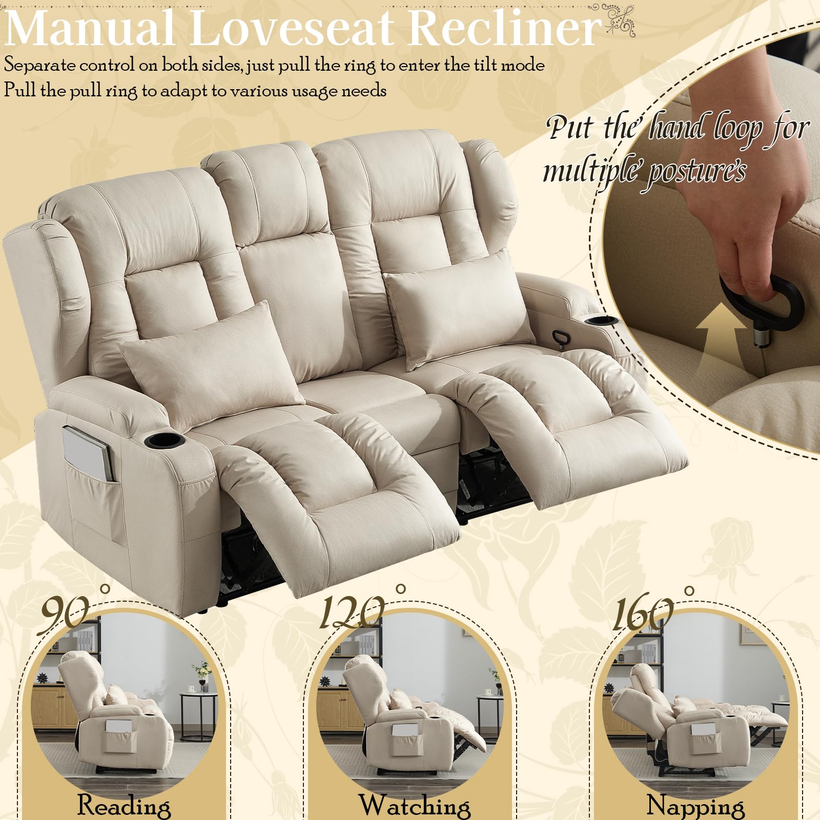 SAMERY Relaxsessel mit Liegefunktion Fernsehsessel Manuell Verstellbar, Zweisitzer Sofa Kinosessel 2 Sitzer mit Getränkehalter Schublade Buchse Stoffbezug