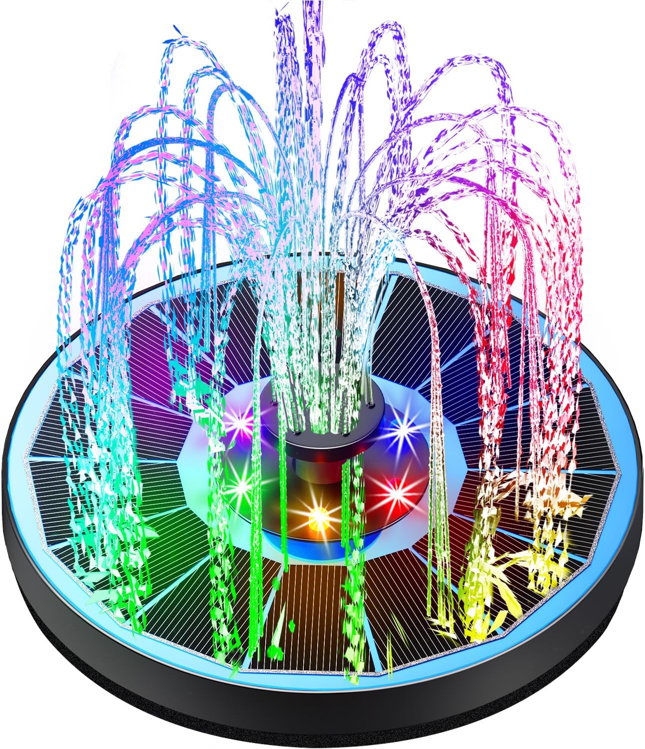 Solar Fountain Glass Panel with 2200 mah Battery, 3.5W Floating Solar Water Fountain with 4 Fixed Rods, Solar Fountain Pump for Bird Bath, Garden, Pond, Pool, Outdoor-Colorful Lights