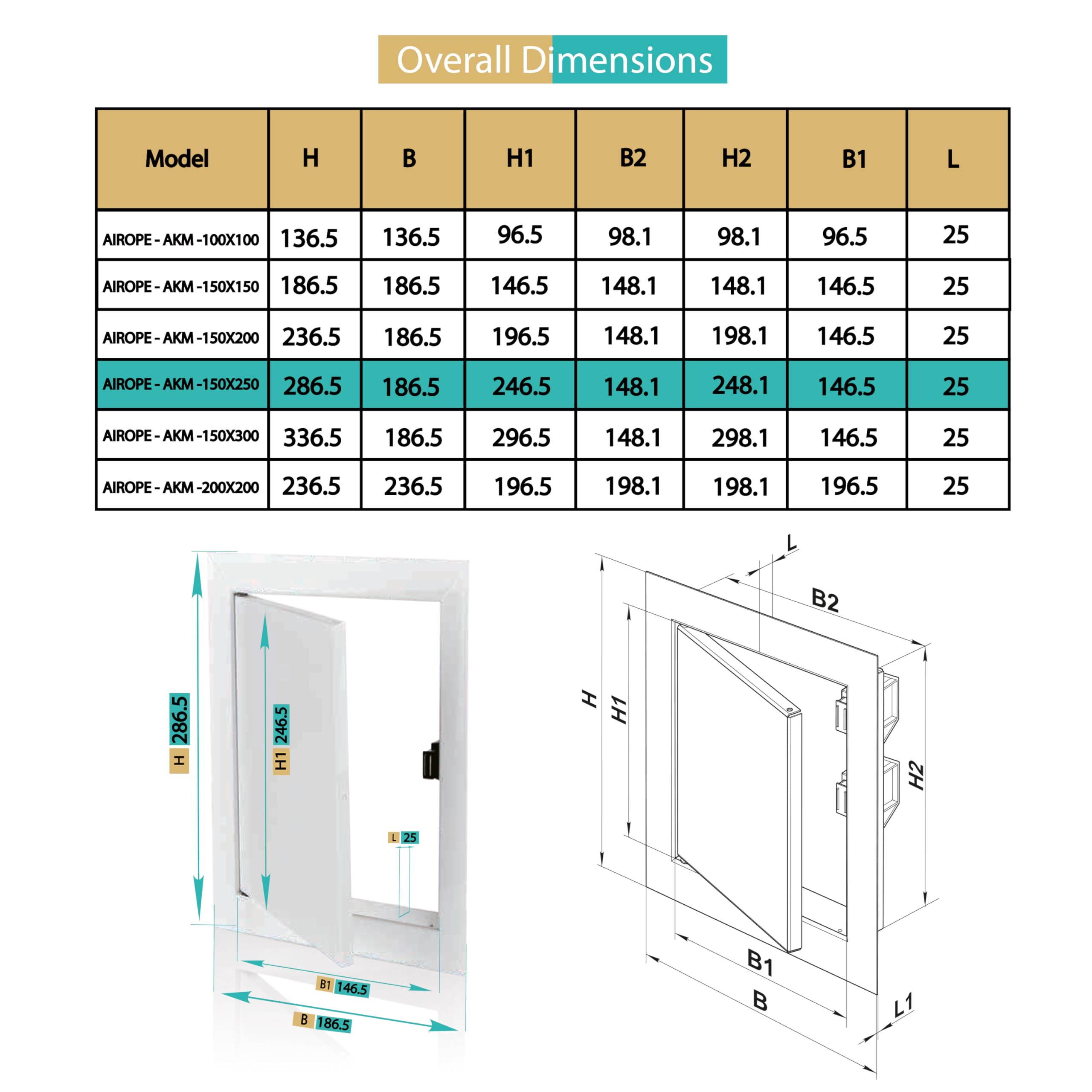AIROPE 150 x 250 mm Steel Door with Magnetic Closure, Side Opening Left/Right, Access Panels for Water Meter Ceiling, Bathtub - Image 2