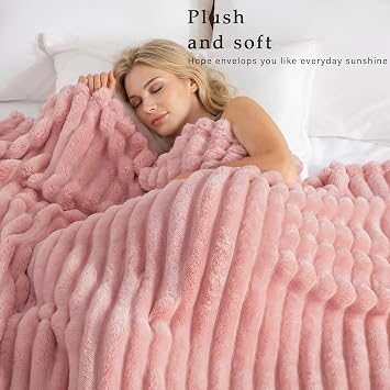 Exclusivo Mezcla Soft Striped Fleece Blanket, Pink Fluffy Sofa Bed Throw