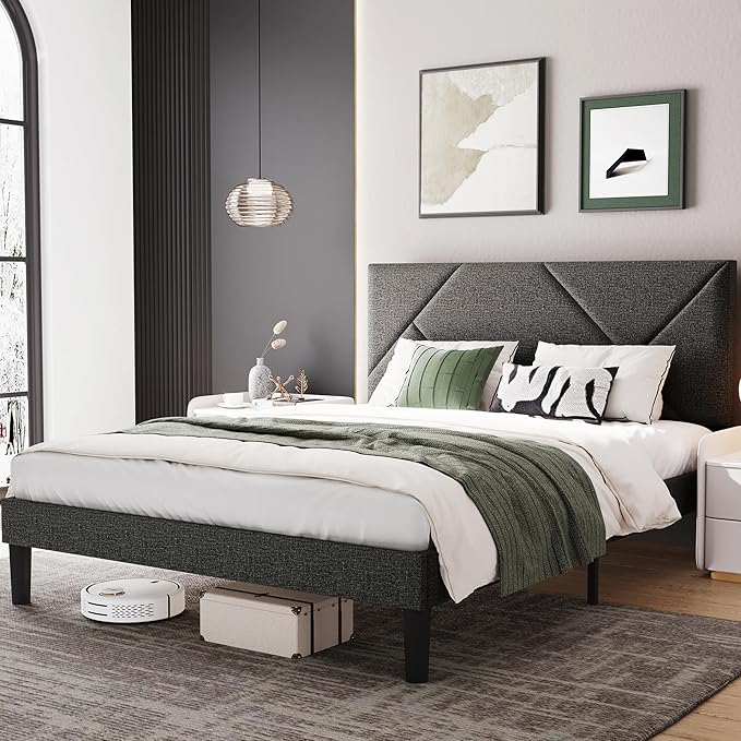 LINSY Full Size Bed Frame with Adjustable Headboard, Linen