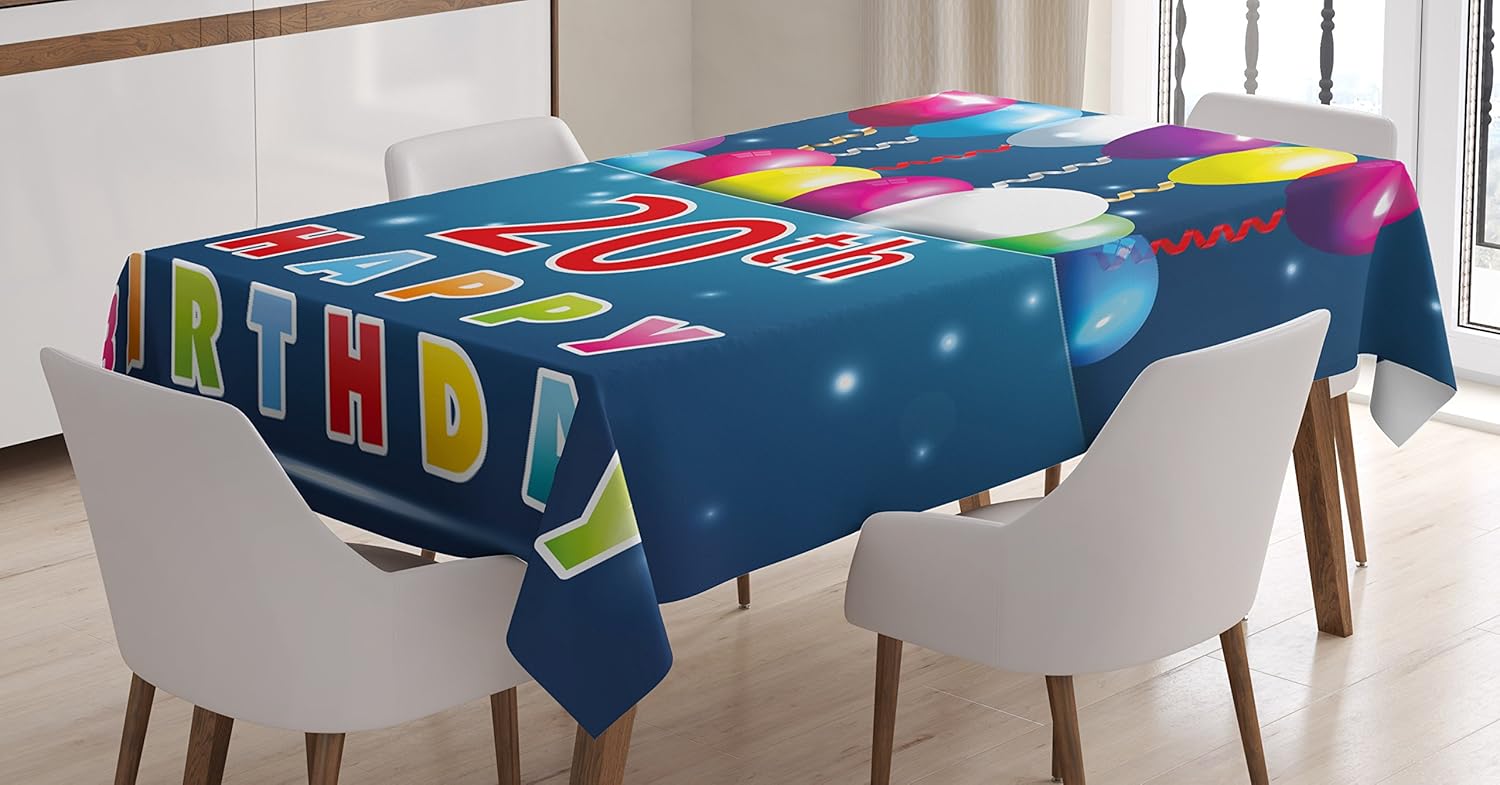 Ambesonne 20th Birthday Tablecloth, 20 Birthday Party with Colorful Balloons on The Blue Backdrop Print, Rectangular Table Cover for Dining Room Kitchen Decor, 60" X 90", Blue Red