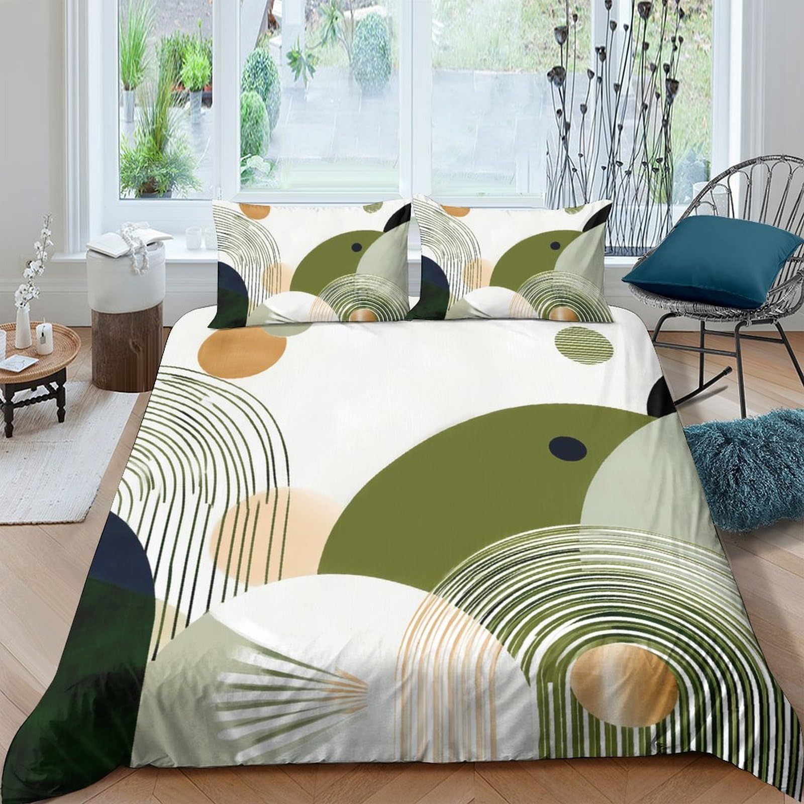 Ctjqhvkz Style-6 3D Printed Abstract Geometric Fitted Sheet Microfiber Green Beige Circles Bed Sheet Slip Resistant Bedroom Decor Single（135X200cm）