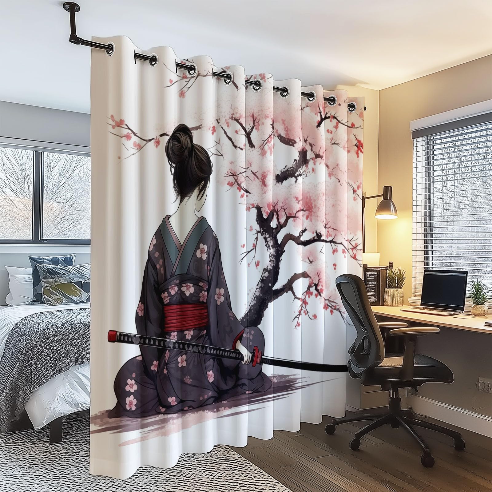 Tende Geisha giapponese Albero di ciliegio in fiore Tenda Oscurante 140L x 260A cm (2 Pannelli) Isolante Con Occhielli Per Camera Da Letto Tende Soggiorno Rosa