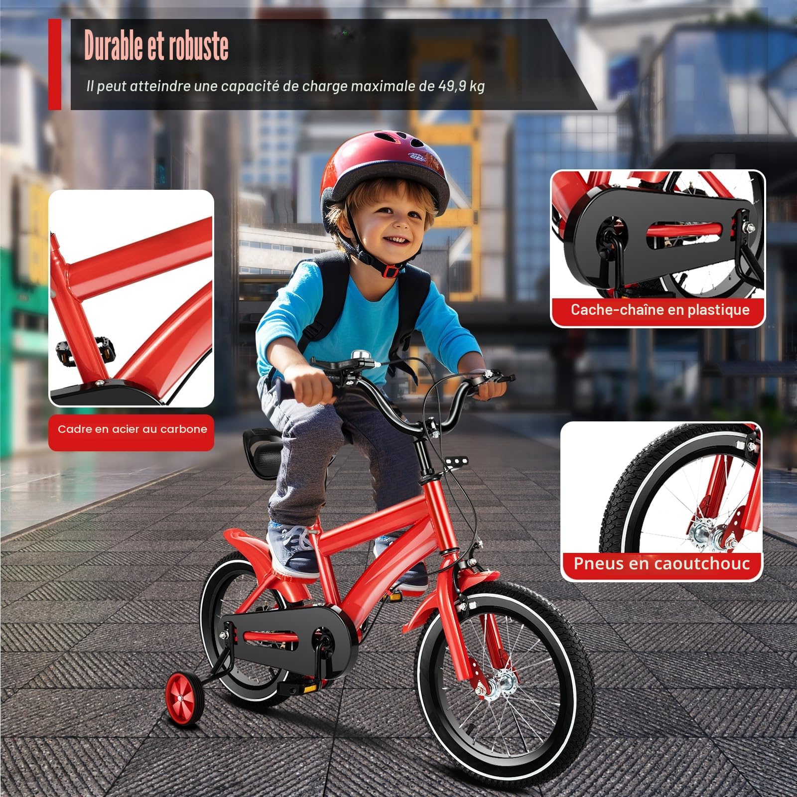Vélo pour enfant de 3 à 6 ans, vélo avec roues stabilisatrices amovibles, double système de freinage, siège et accoudoirs réglables, plusieurs couleurs