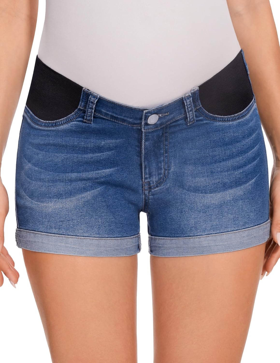 fitglam Women's Maternity Jean Shorts Under Belly Maternity Lounge Denim Shorts Pregnancy Comfy Clothes with Elastic Panel - Image 2