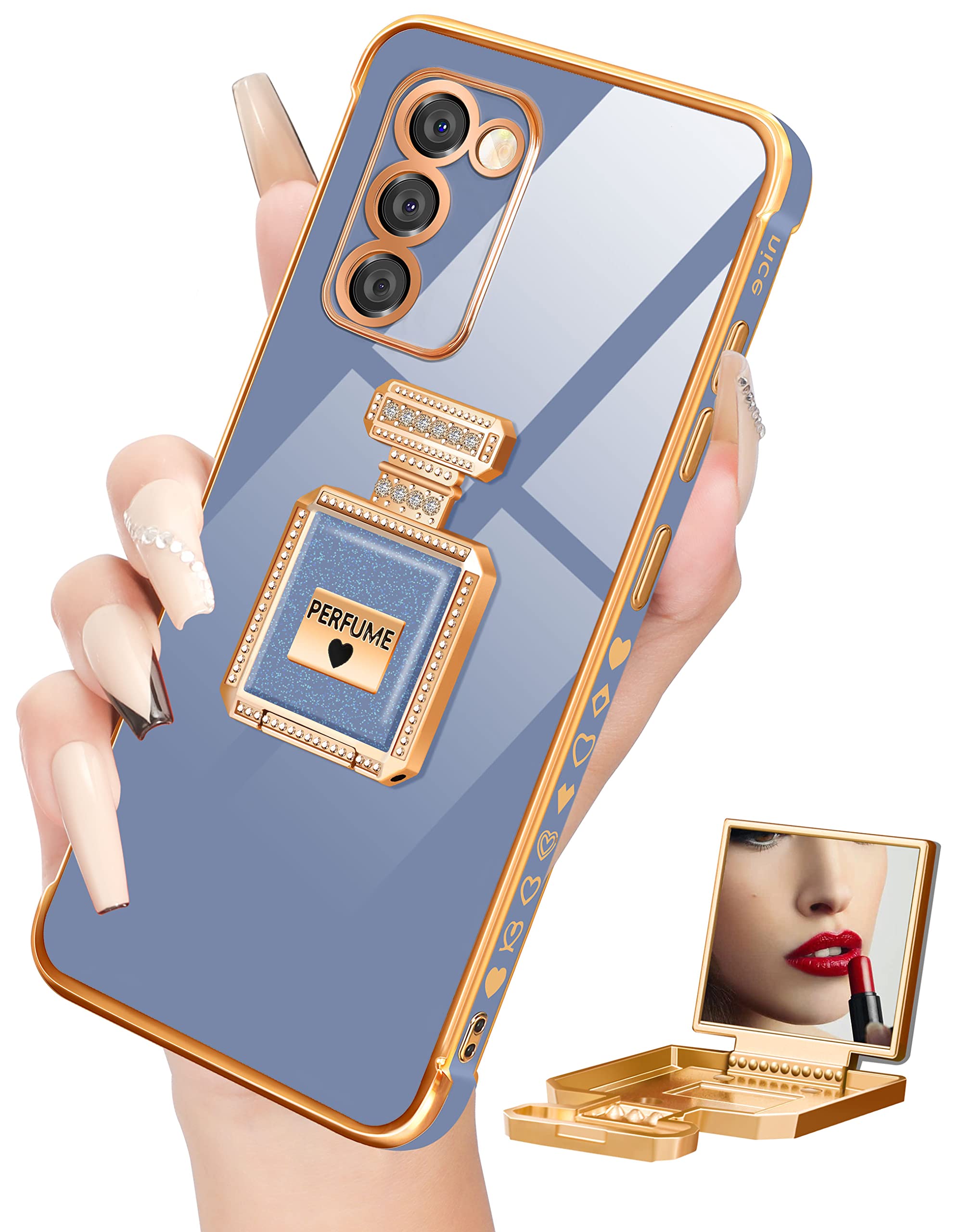 Buleens for Samsung Galaxy A03s Case with Metal Perfume Bottle Mirror Stand, Cute Women Girly Heart Cases for Galaxy A03s,Elegant Luxury Phone Cover for Samsung A03s 6.5'' Dark Blue