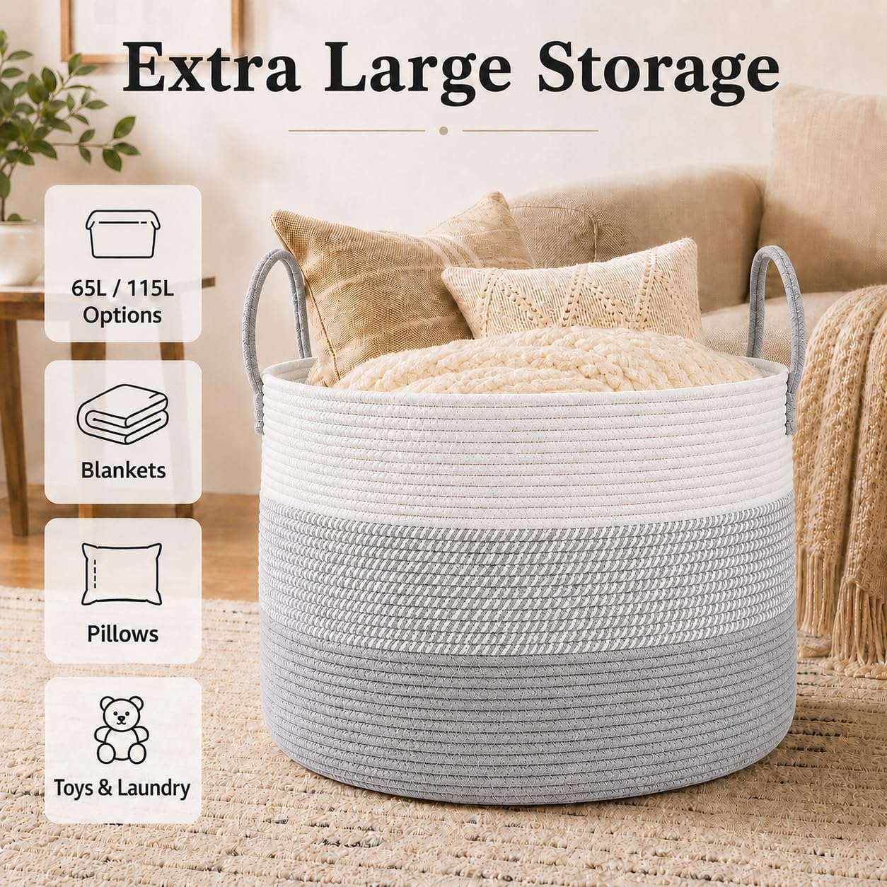  65L Extra Large Machine Washable Cotton Rope Blanket Basket thumbnail