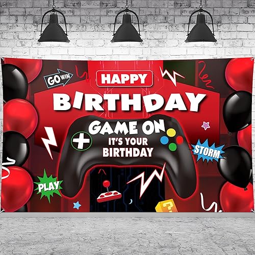 Sumind Telón de fondo de videojuegos de feliz cumpleaños, decoración de fiesta de videojuegos, telón de fondo de cumpleaños para niños, fondo de