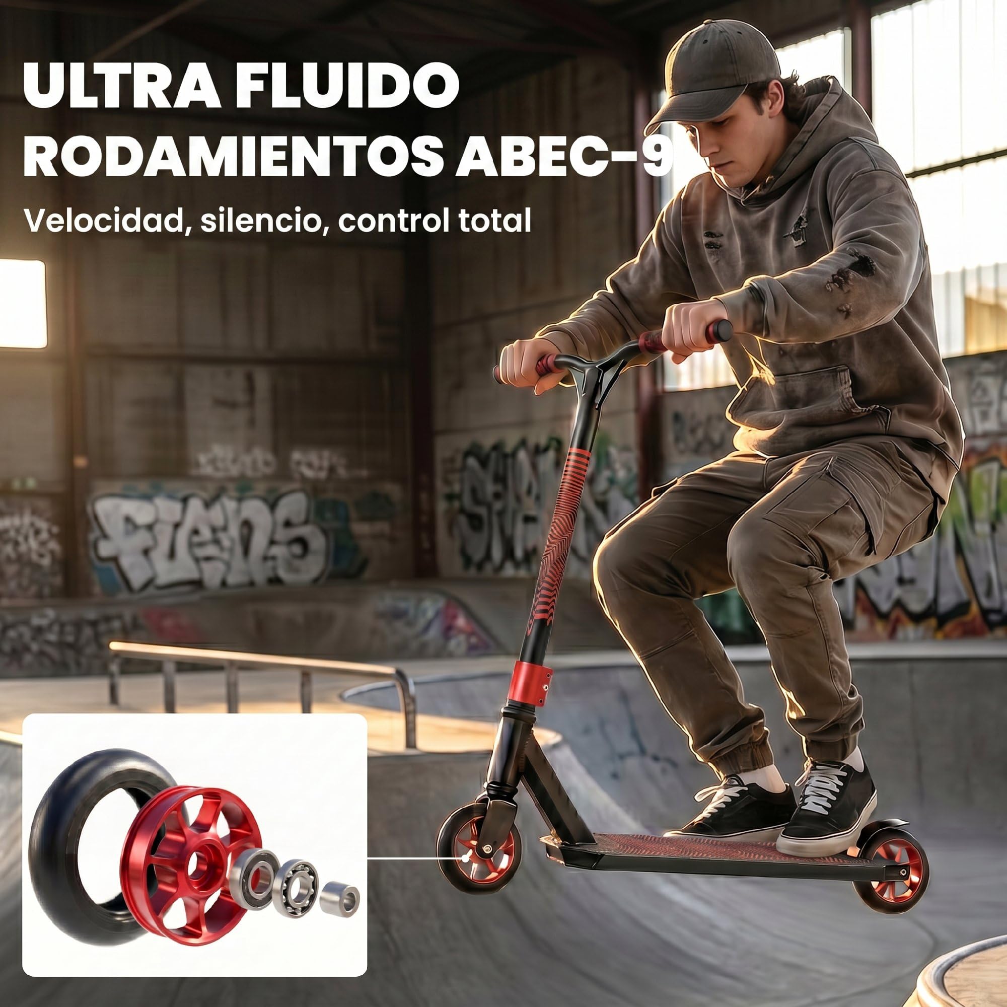 SPORTNOW Scooter Acrobático Freestyle Manillar 360° ABEC-9 Adultos Rojo | Ruedas de PU de 120 mm, Marco de Aluminio Acero, Antideslizante, Adolescentes, Skatepark