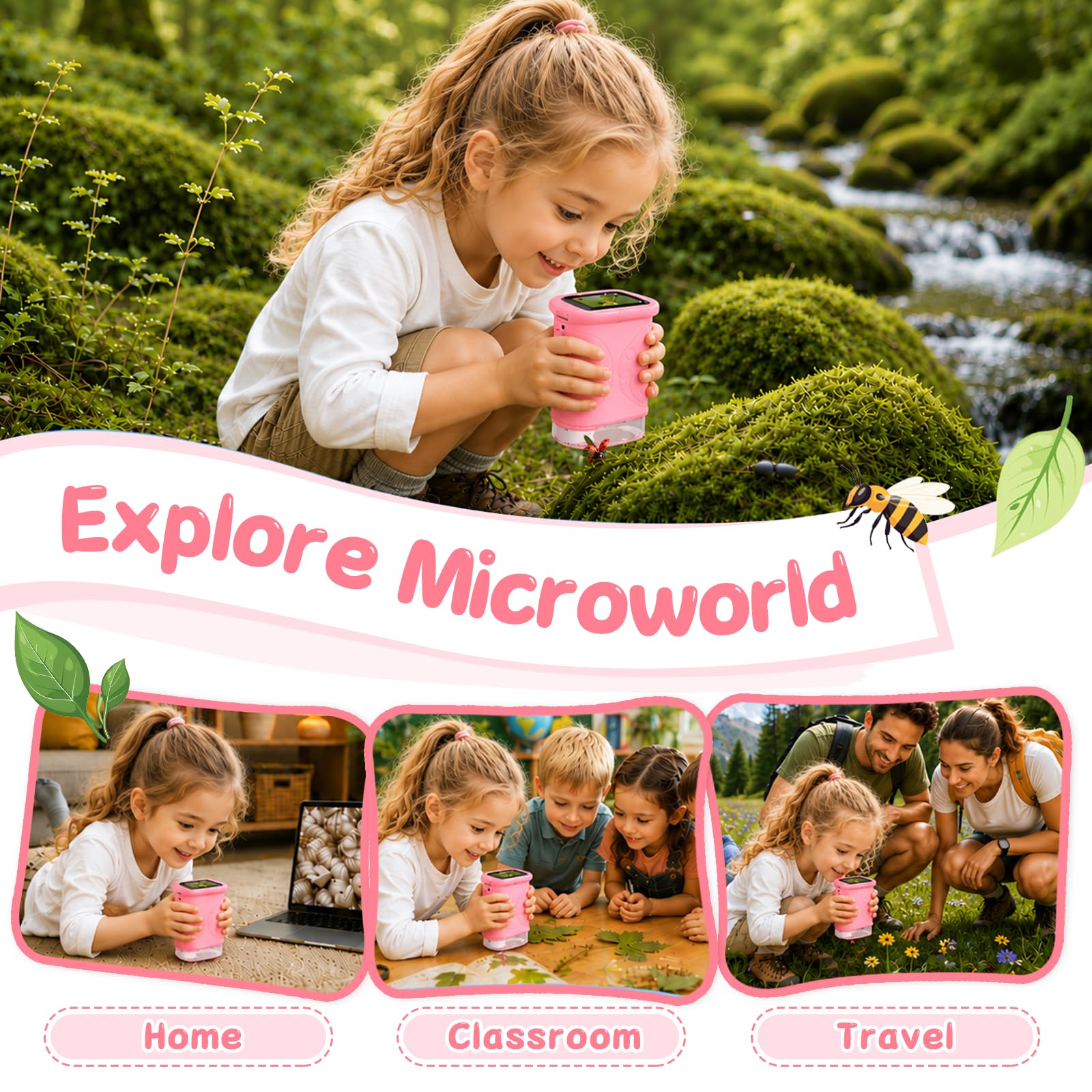 Microscopio para Niños 1000X, Microscopio Digital Portátil con Pantalla IPS de 2 Pulgadas, 8 LED Ajustables, Función Foto y Video, Juguete Educativo para Niños y Niñas (Rosa)