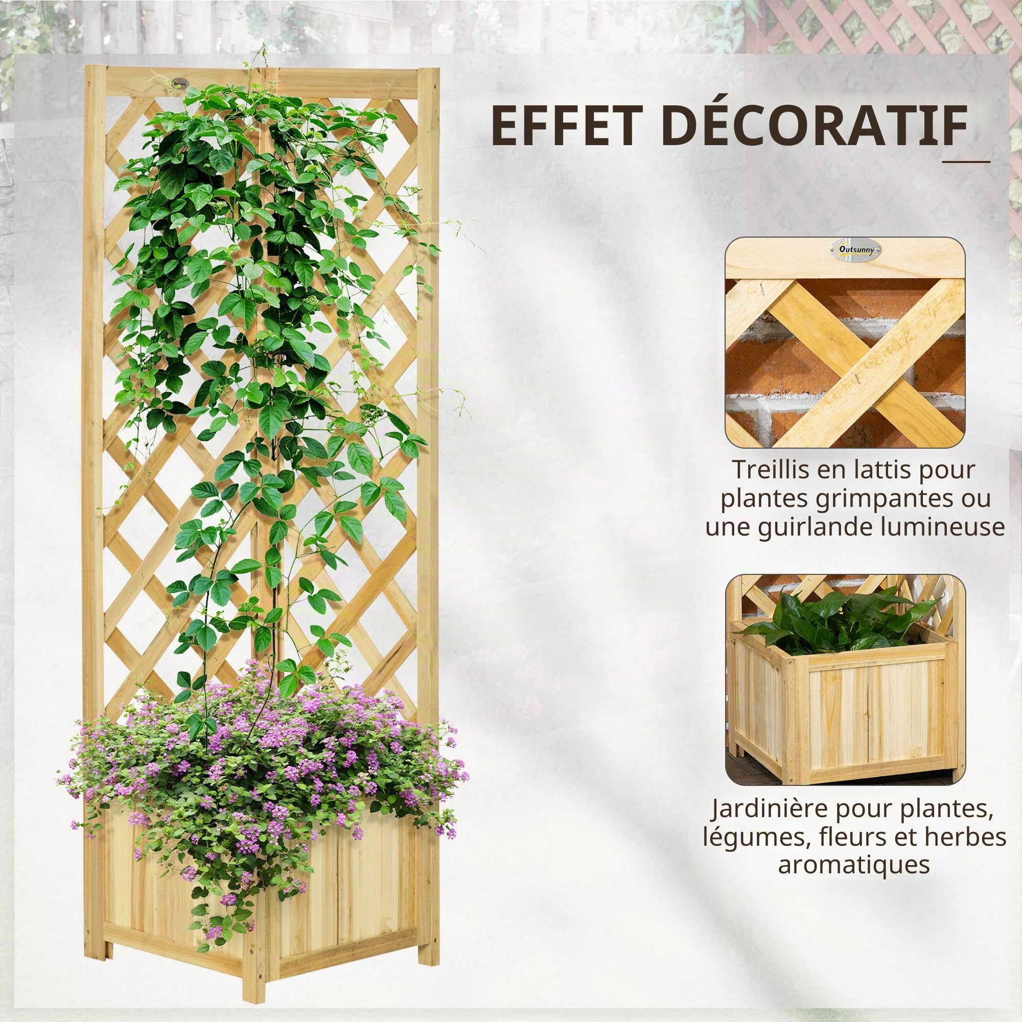 Outsunny Lit de Jardin surélevé en Bois avec Treillis, Naturel | Boîte de coin autoportante de 57", pour plantes grimpantes, fleurs, grimpe et plantation