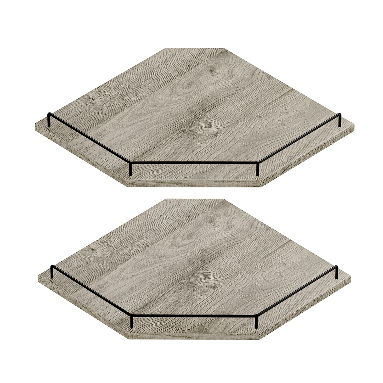 JJL Corner Shelf Wall Mounted, 12 Inches 2-Tier Floating Corner Shelf, Hexagon Rustic Wood Decor with Fence, Gray Wood Grain Wall Shelves for Apartment Bedroom Kitchen Bathroom