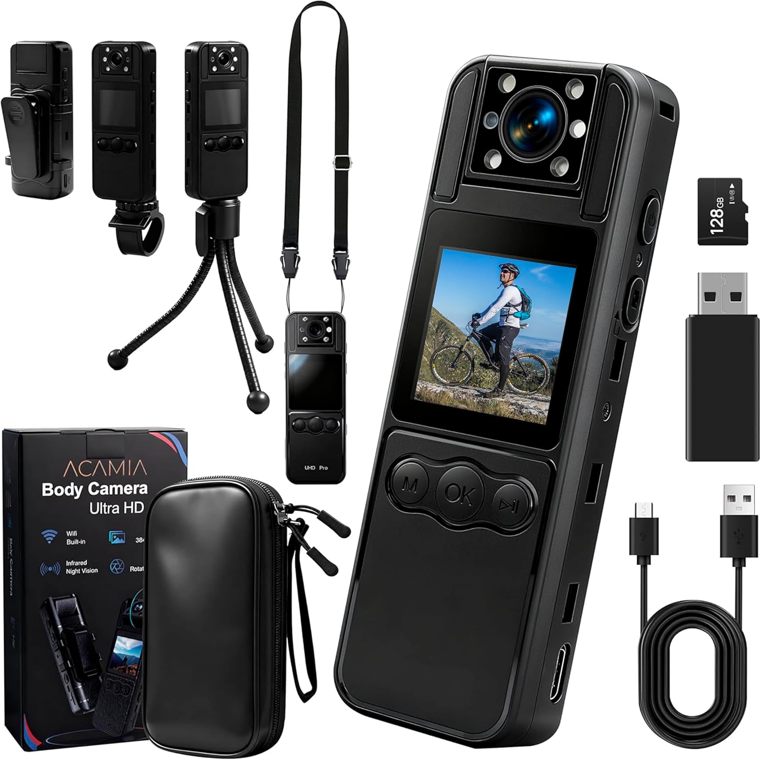 Body Camera with Audio and Video Recording 4K Mini WiFi Police Wearable Body Worn Cam with 180° Rotating Lens, Night Vision, Carry Bag, 6Hr Battery Small Personal Sport Action Camera (128GB)