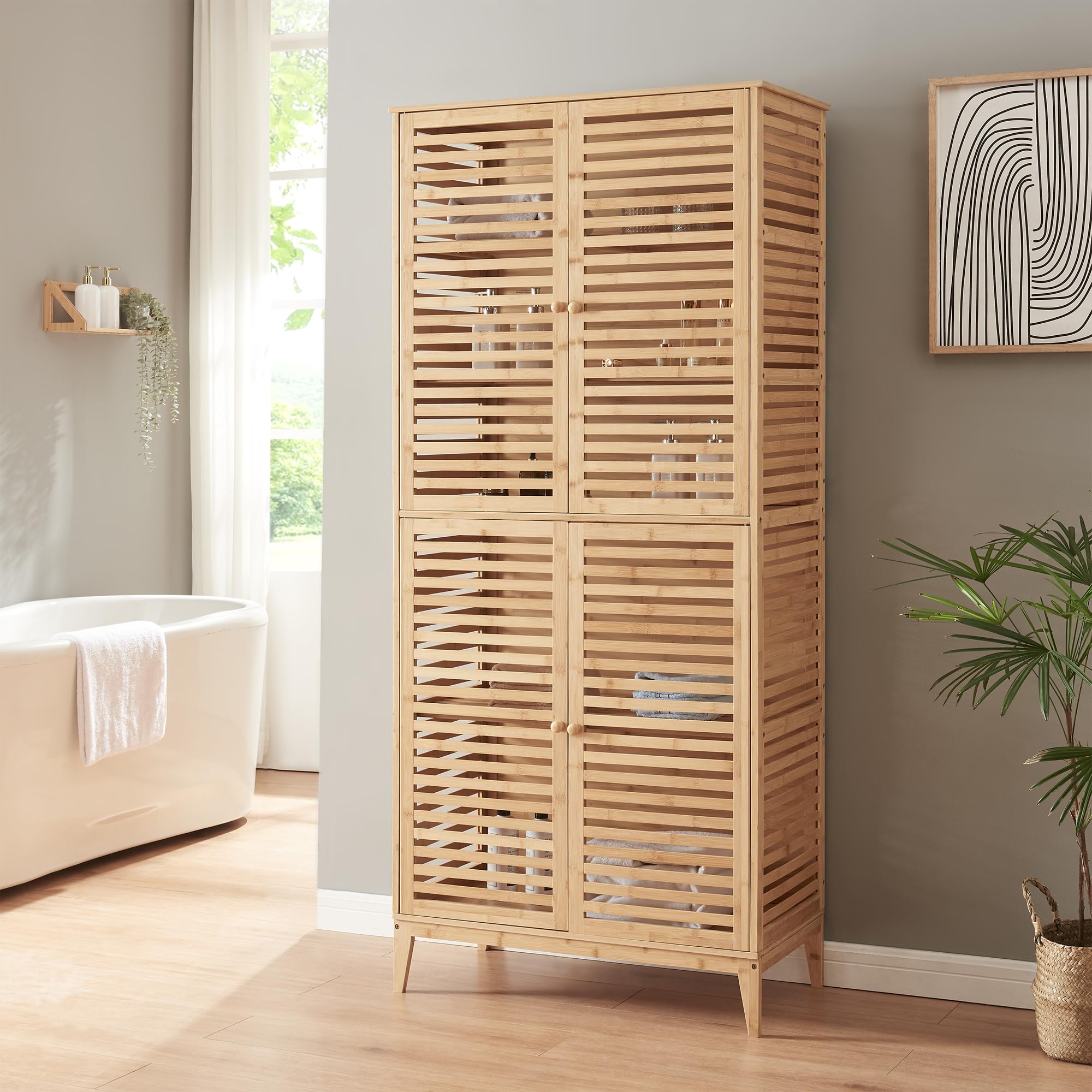 [en.casa] Badezimmerschrank Raurgela 180 x 80 x 40 cm Bambus Badezimmermöbel Küchenschrank Hochschrank Aufbewahrungsschrank
