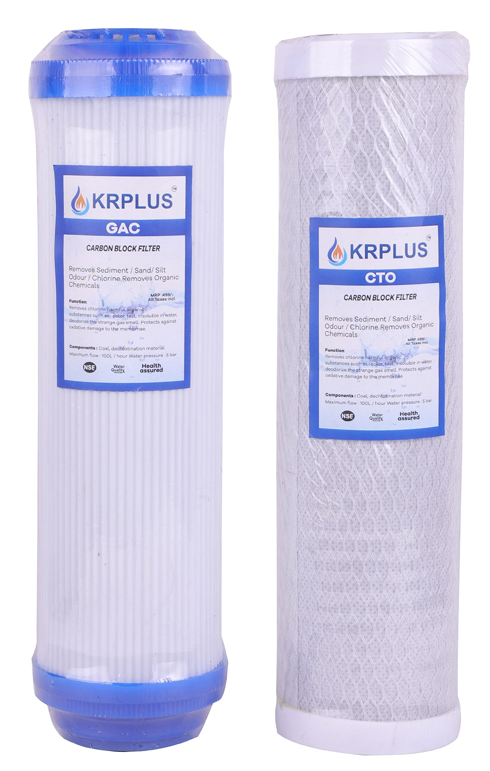 KRPLUS 10 Inch Carbon Block CTO Filter + GAC Filter Cartridge Replacement Filter Set for 25 Lph Commercial RO and Under Sink Water Purifier - 2 Pcs, (10 Micron)-image-46