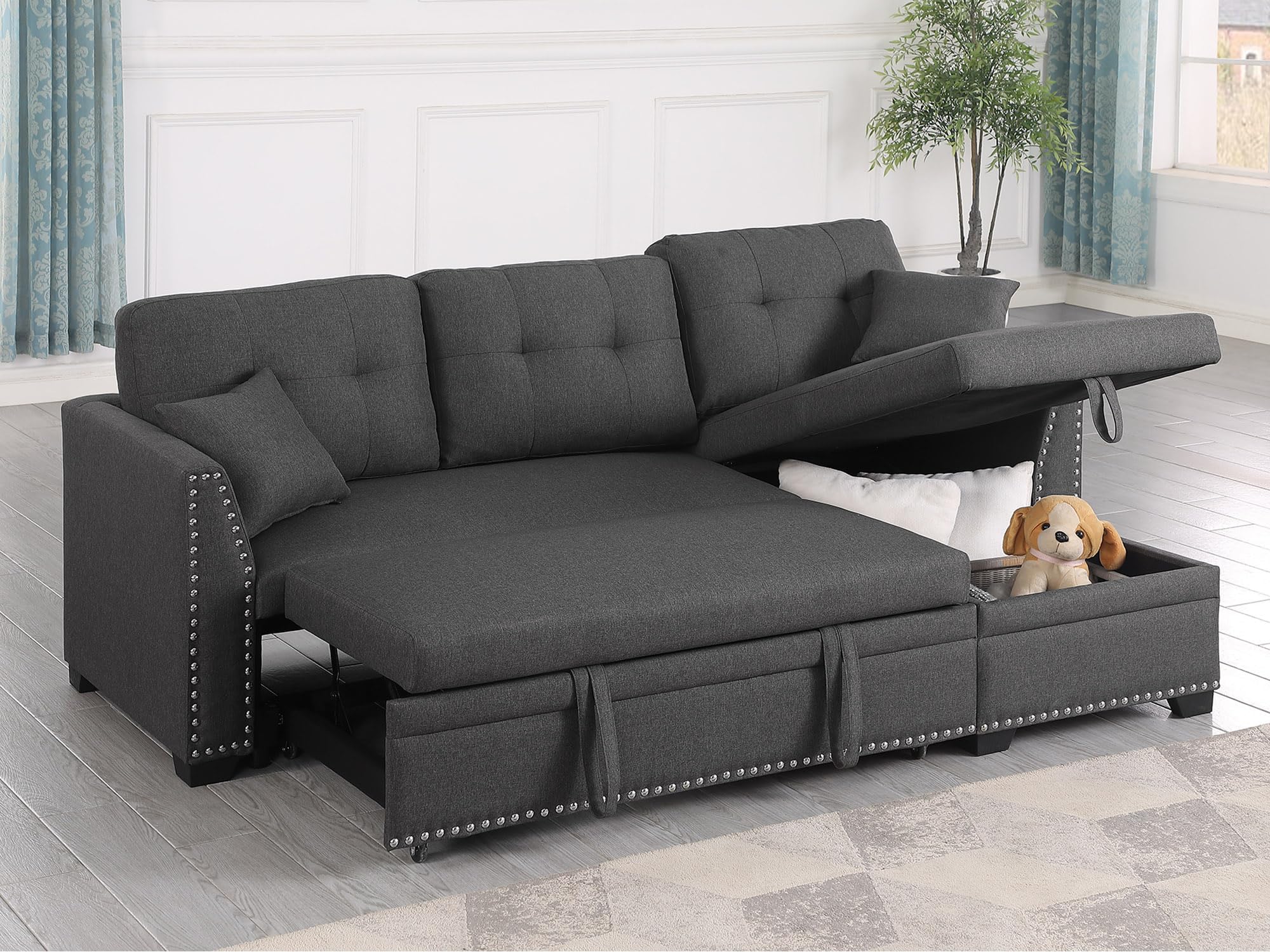 BEEY Convertible Sleeper Sofa Bed, 82" Small Sectional Sofa with Storage Chaise for Small Spaces, L Shaped Couch with Pull Out Bed for Bedroom, Living Room (Dark_Grey)(incomplete/ 1/3)