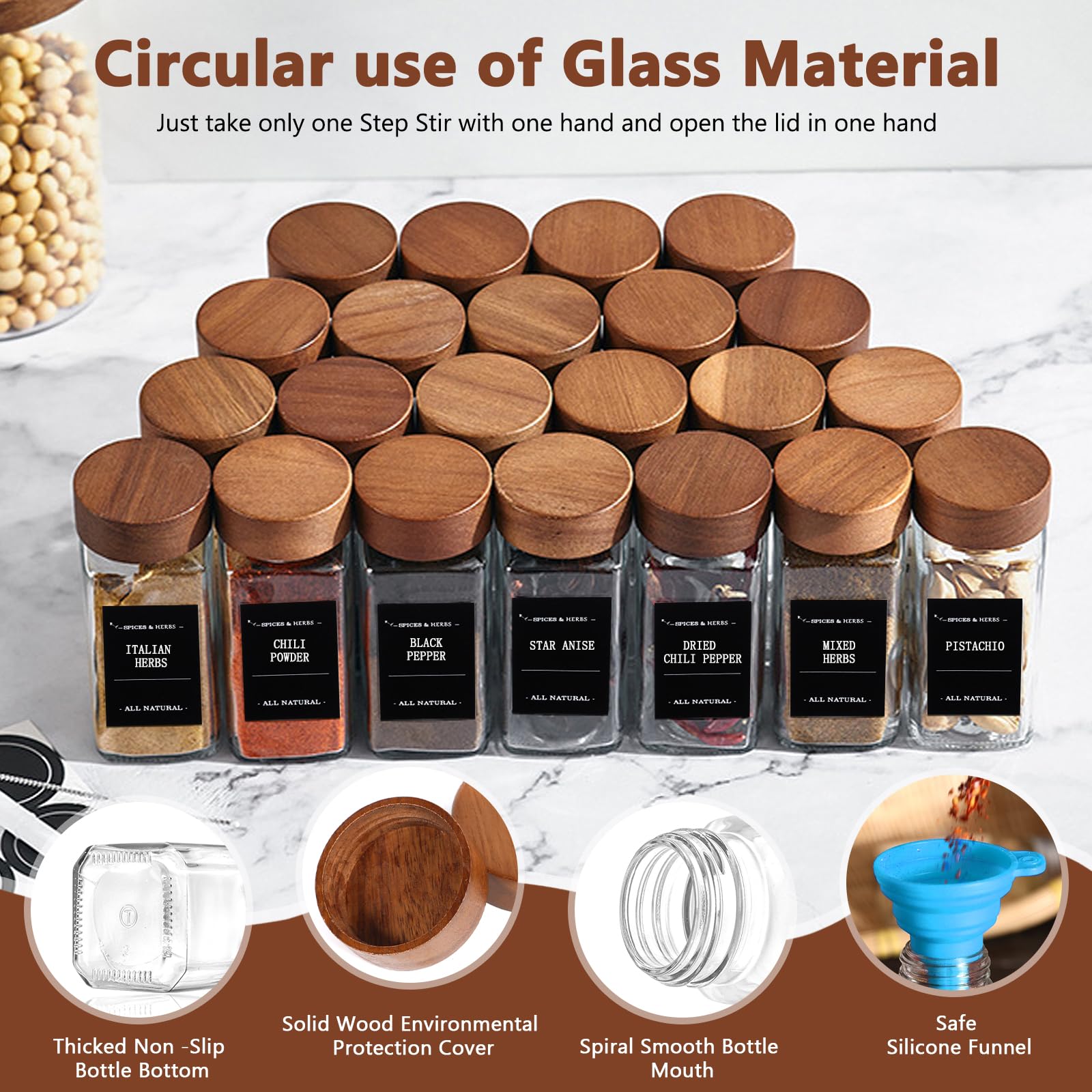 Pot à Épices en Verre et Bois, 24 Pièces 120ml, Set avec Étiquettes, Entonnoir, Brosse